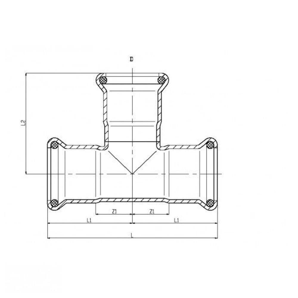 Technische Zeichnung einer T-förmigen Rohrverschraubung mit beschrifteten Abmessungen, die die Anordnung und Maße für Konstruktion oder technische Zwecke veranschaulicht.