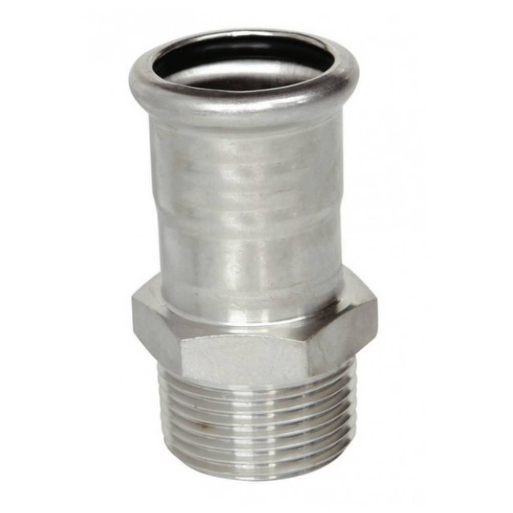 Ein Metallschlauchverbinder mit gerilltem oberen Abschnitt und glattem unteren Abschnitt mit Außengewinde.