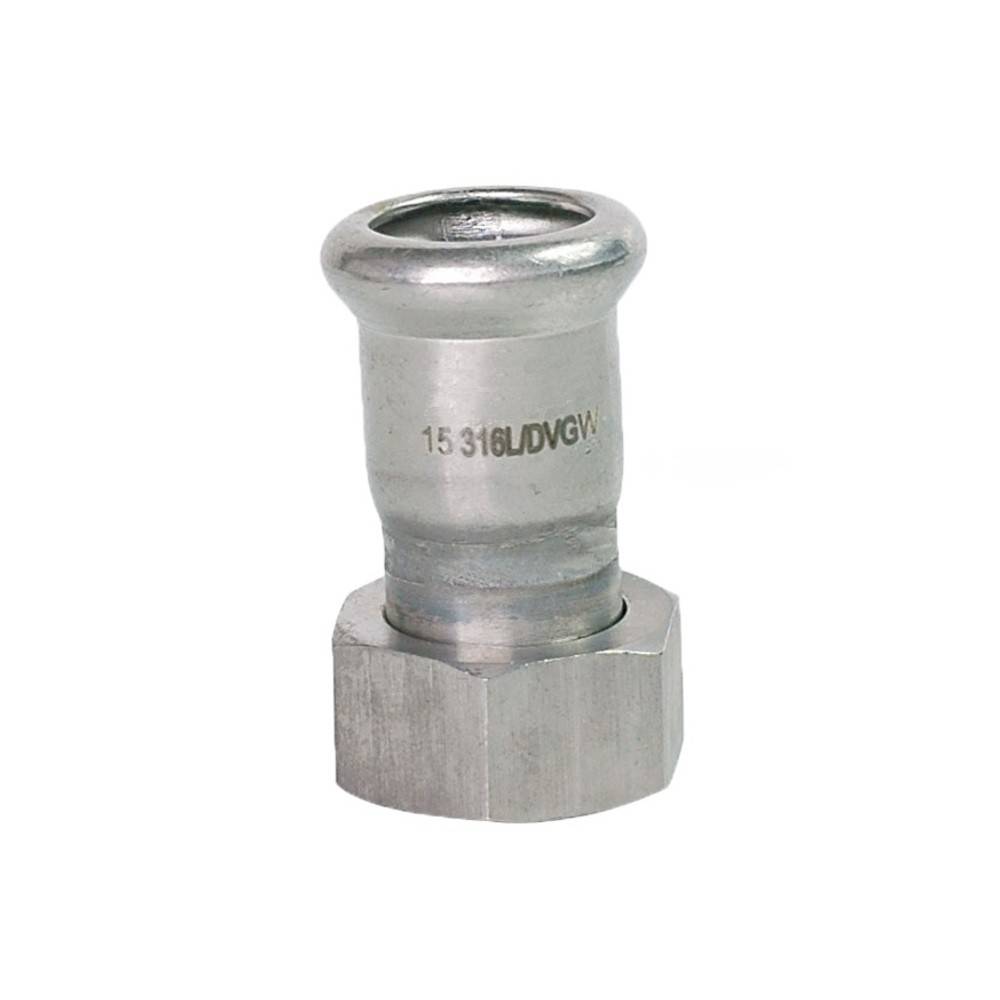 Eine Edelstahlfitting mit der Bezeichnung '15 316LDVGW' mit sechseckiger Basis, die wahrscheinlich für Sanitär- oder industrielle Anwendungen verwendet wird.