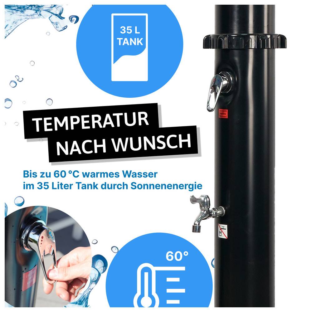 Eine schwarze Solardusche mit einem 35-Liter-Tank erhitzt Wasser mithilfe von Sonnenenergie bis zu 60°C. Text auf Deutsch hebt die Temperaturregelung hervor.