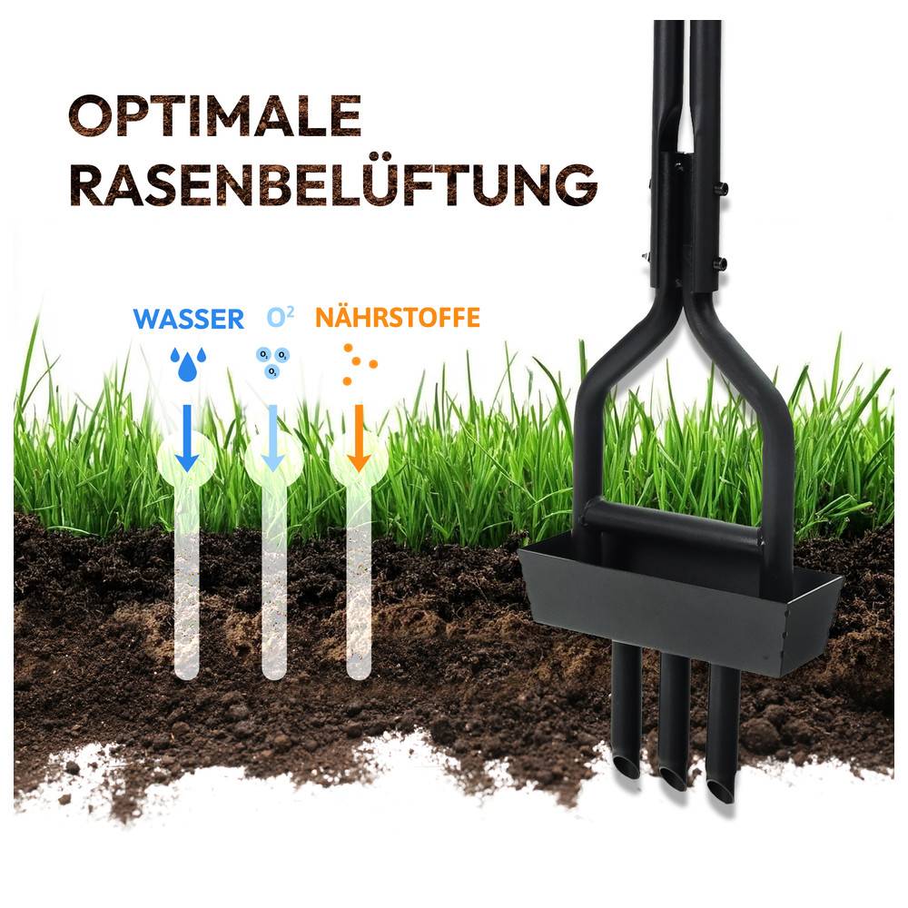 Ein Metallrasenbelüftungswerkzeug ist zu sehen, das den Boden unter dem Gras durchdringt, mit Beschriftungen 'Wasser', 'O2' und 'Nährstoffe', die den Fluss von Wasser, Sauerstoff und Nährstoffen anzeigen.