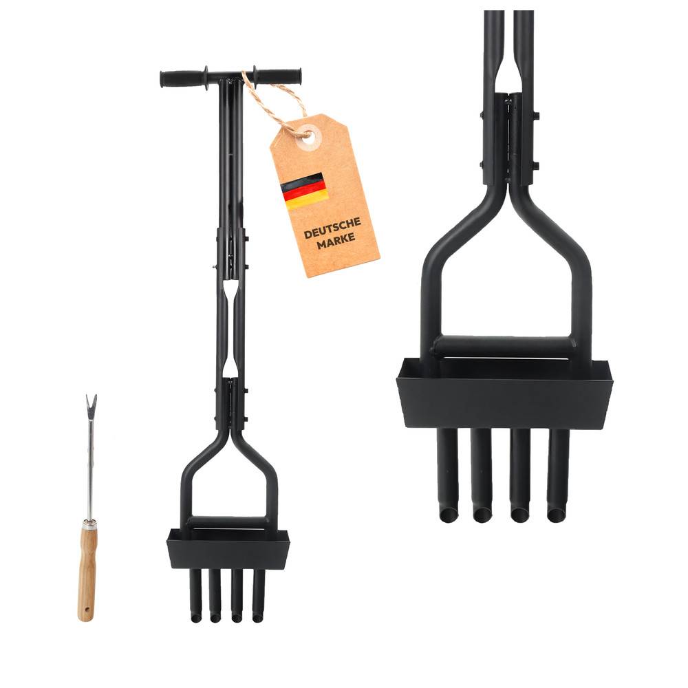 Gartengeräte-Set mit einem Unkrautstecher mit Holzgriff und einem Handerdenlockerer aus Metall mit einem Etikett auf Deutsch.