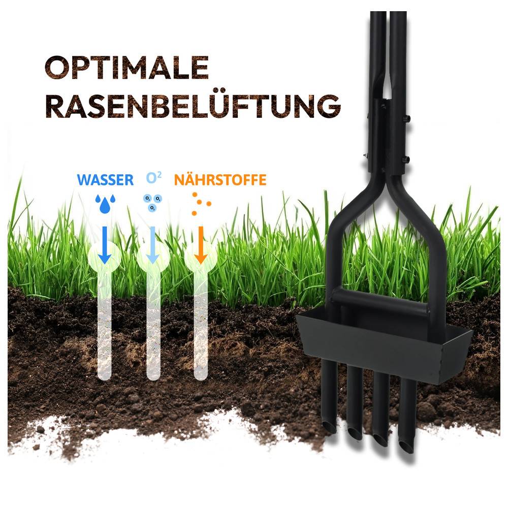 Rasenbelüftungswerkzeug, das eine optimale Rasenlüftung demonstriert. Pfeile zeigen, wie Wasser, Sauerstoff und Nährstoffe in den Boden eindringen, um die Wurzeln zu ernähren.