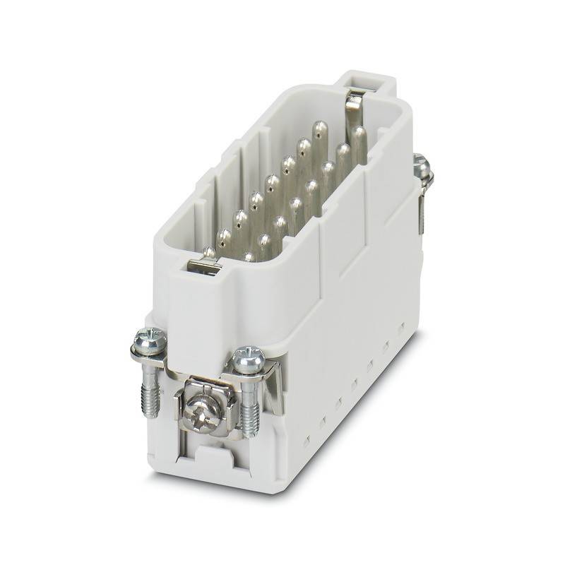 Ein weißer rechteckiger elektrischer Stecker mit mehreren Metallstiften im Inneren und zwei Schrauben an den Seiten zur Befestigung.