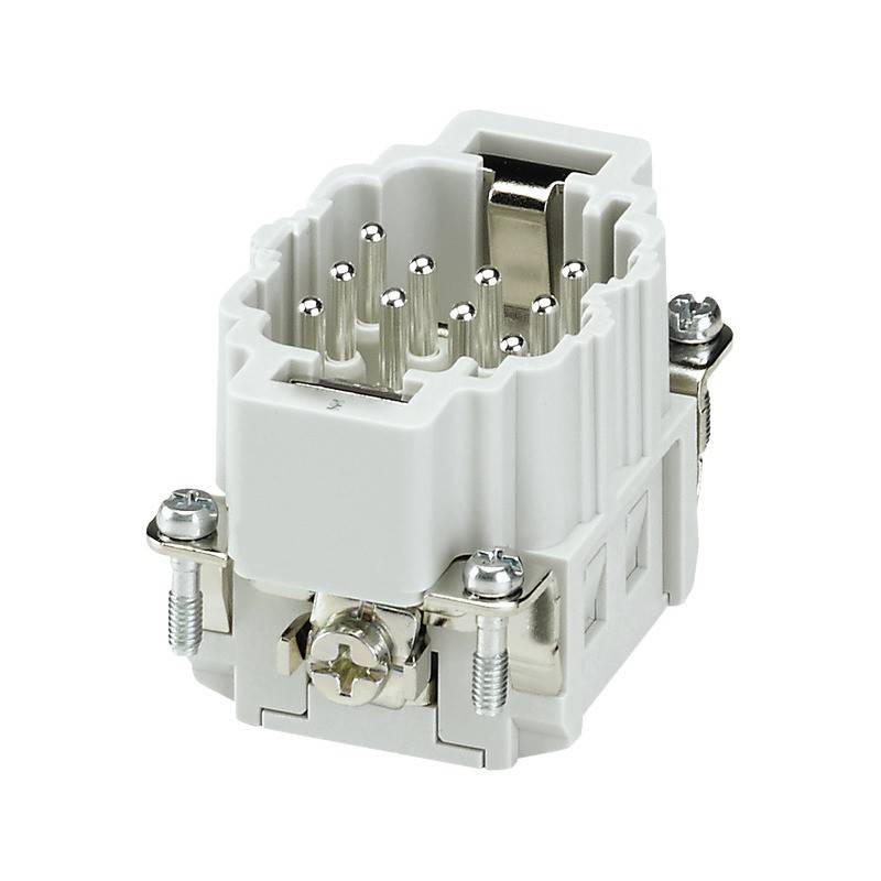 Ein weißer elektrischer Steckverbinder mit mehreren Pins, der für industrielle Anwendungen konzipiert ist. Der Steckverbinder ist zylindrisch und verfügt über Metallschrauben an den Seiten.