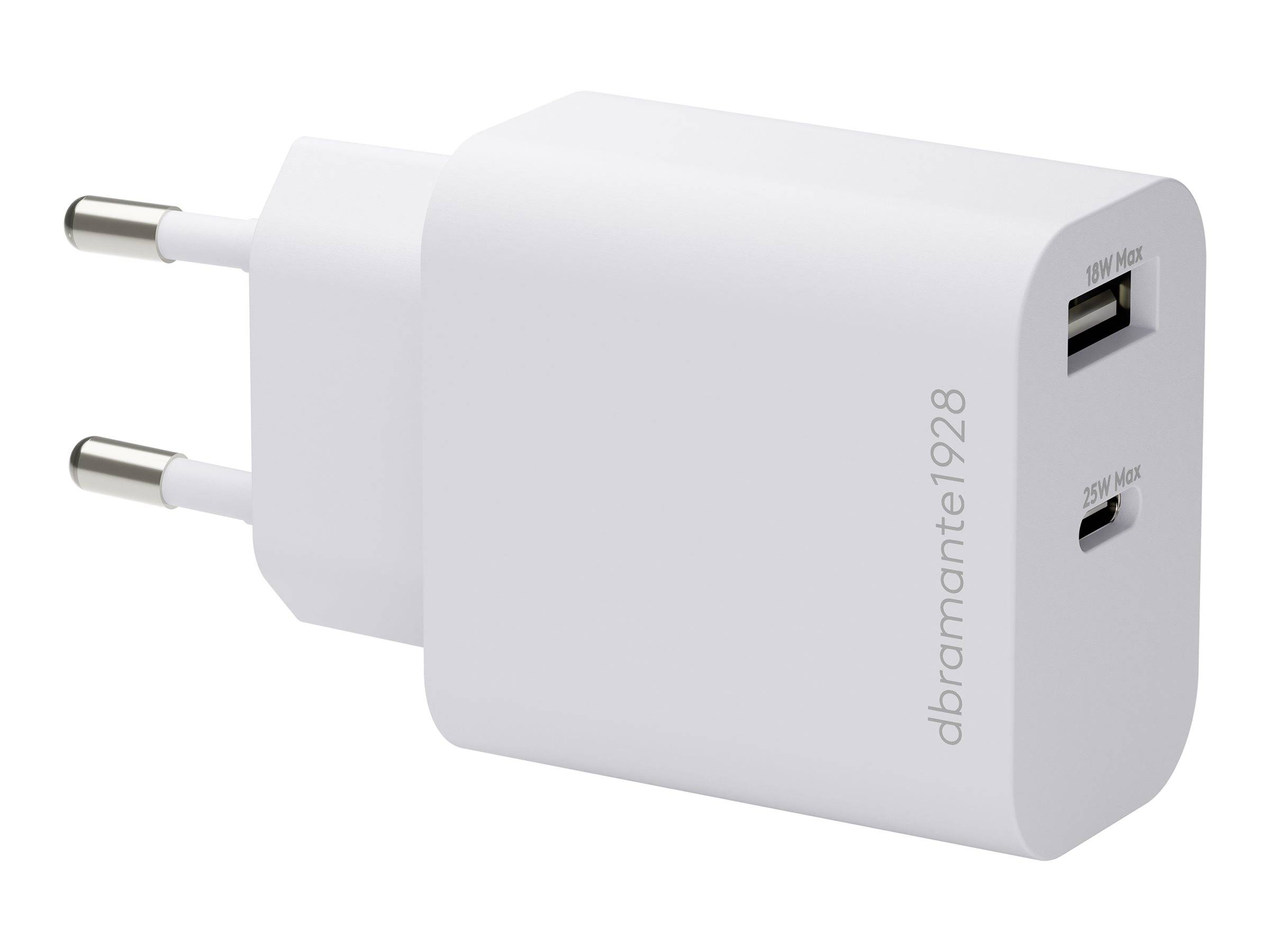 Weiß es Dual-USB-Wandladegerät mit europäischem zweipoligem Stecker, mit der Bezeichnung „dbramante1928