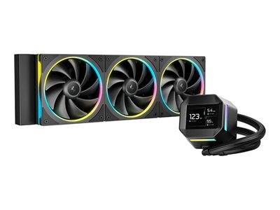 Dreifach-Lüfter-Computerkühlung mit RGB-Beleuchtung, ausgestattet mit einer digitalen Anzeigeeinheit, die eine Temperaturanzeige von '123' zeigt.
