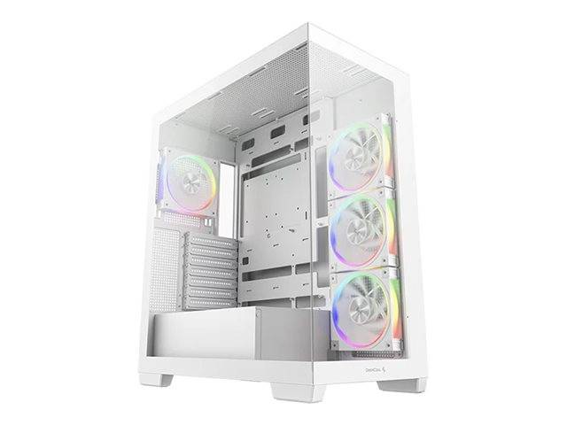 Ein weißes Computergehäuse mit transparentem Seitenpanel, das vier interne Lüfter mit mehrfarbigen LED-Beleuchtungen präsentiert, geeignet für individuelle Builds.