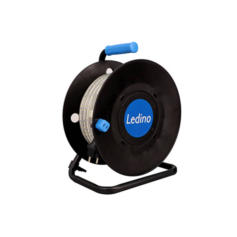 Eine schwarz-blaue Kabelrolle mit der Markenbezeichnung 'Ledino' an der Seite, ausgestattet mit einem Tragegriff und sichtbar aufgewickeltem Kabel.