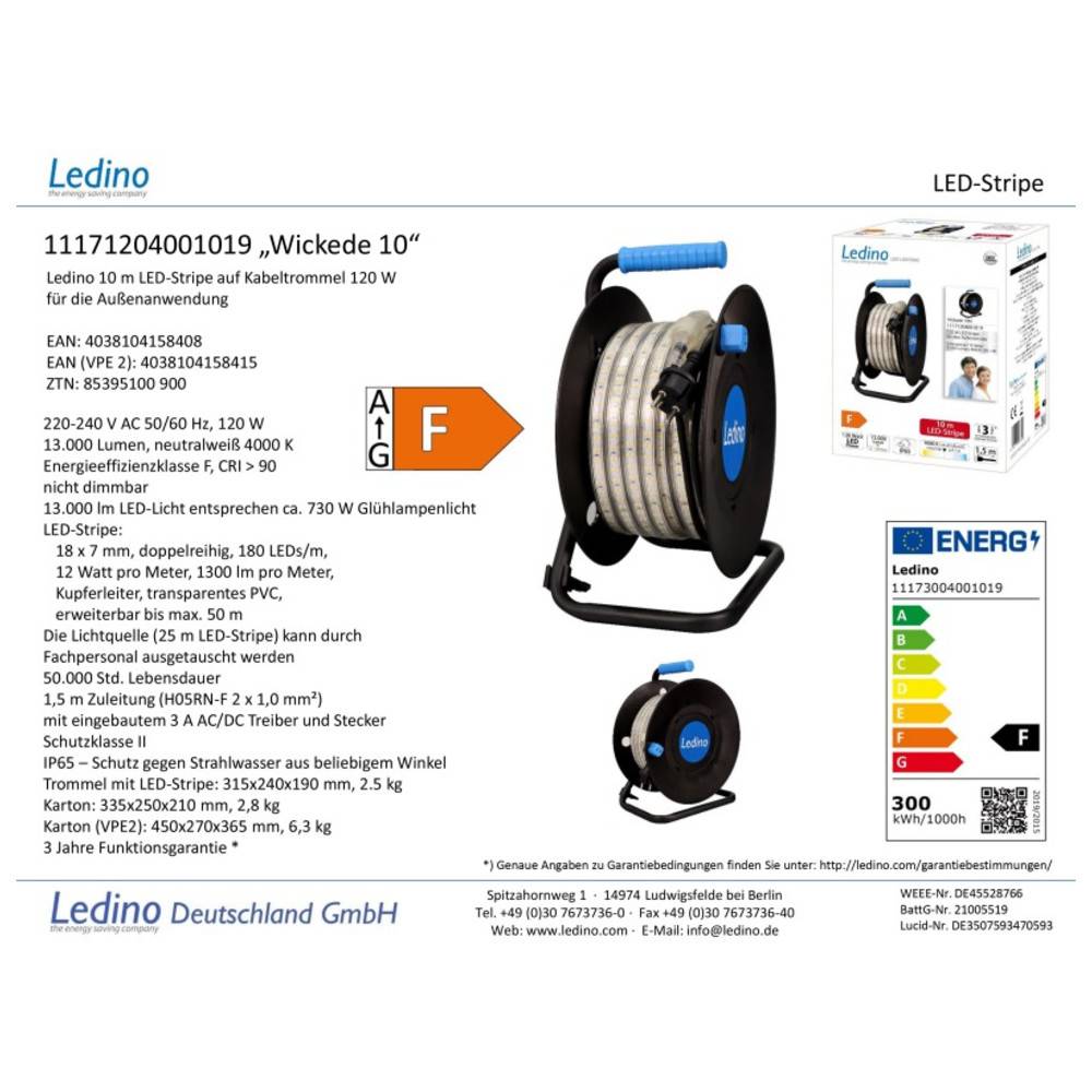 Eine Produktbeschreibung des Ledino LED-Streifen Kabeltrommels mit Spezifikationen, einschließlich Leistung, Spannung und Energiebewertung, dargestellt neben seiner Verpackung.