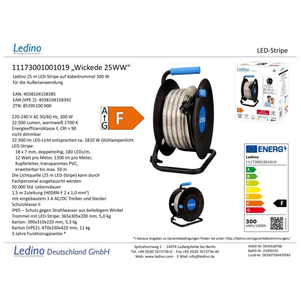 LED-Streifen: Ledino 25m Kabeltrommel, 300W. Energielabel F. IP44, max. 1820W. 230-240V, 50/60Hz. Geeignet für den Außeneinsatz. Modell Wickede 25WW.
