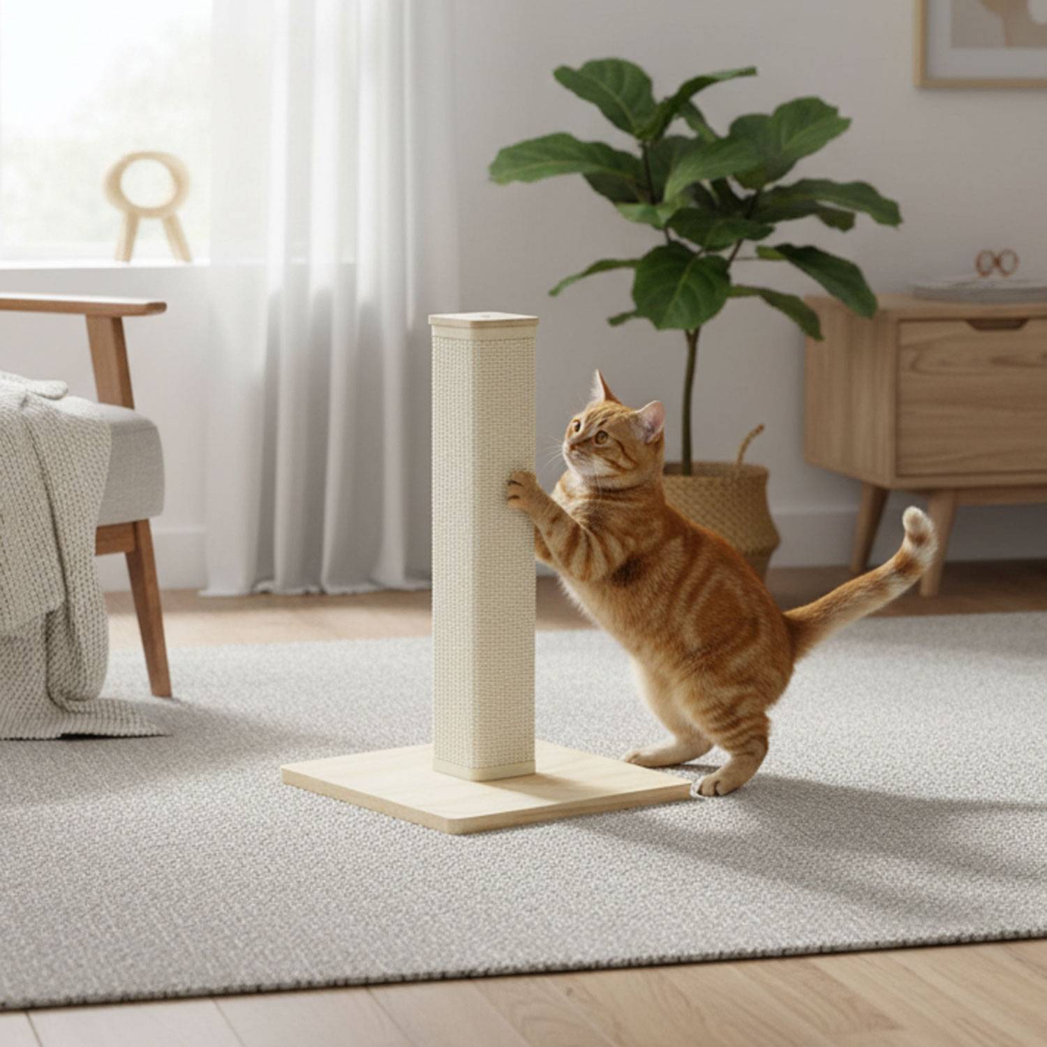 62cm Eckige Sisal Kratzsäule für Katzen mit Bambus Bodenplatte - Kratzbaum Klein