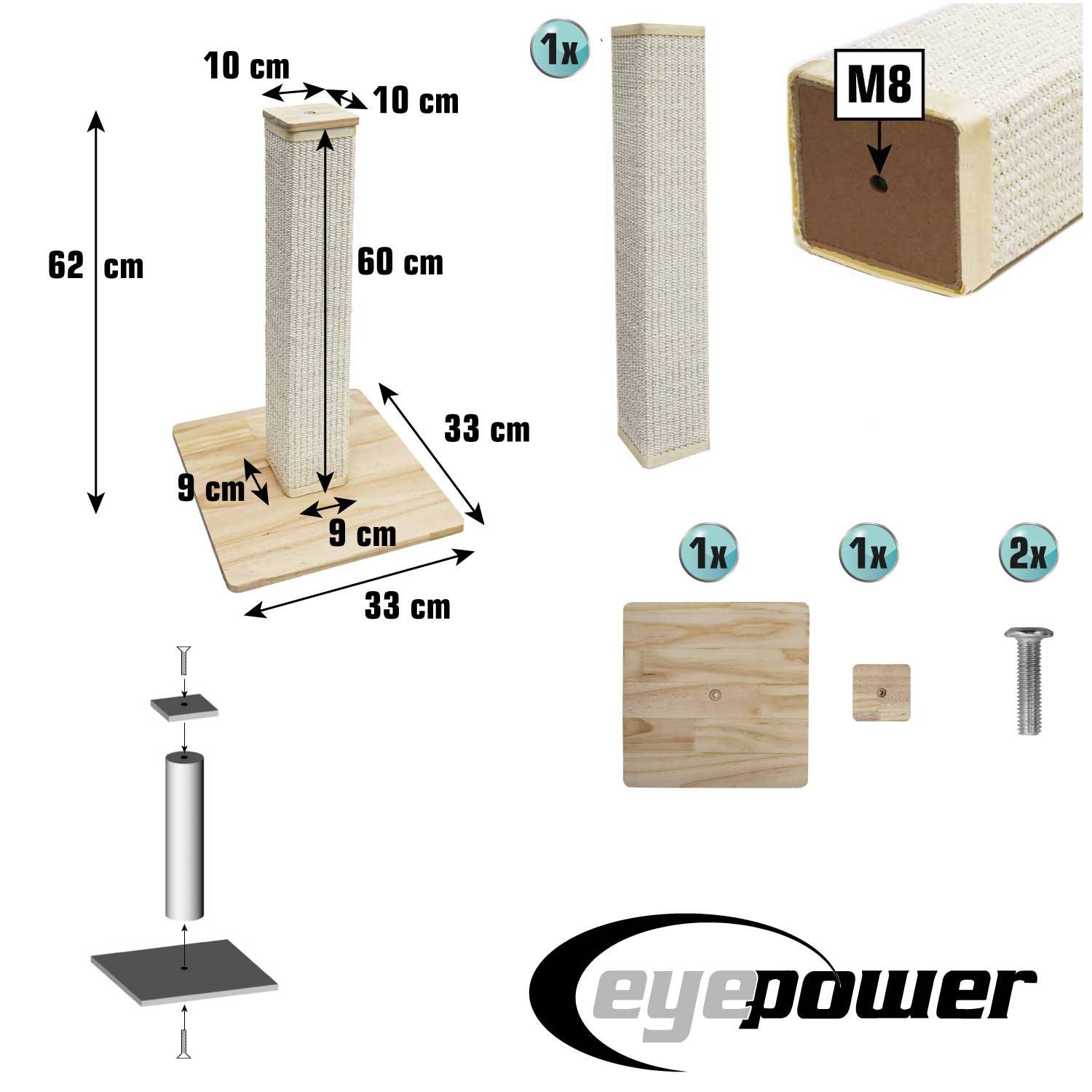 62cm Eckige Sisal Kratzsäule für Katzen mit Bambus Bodenplatte - Kratzbaum Klein