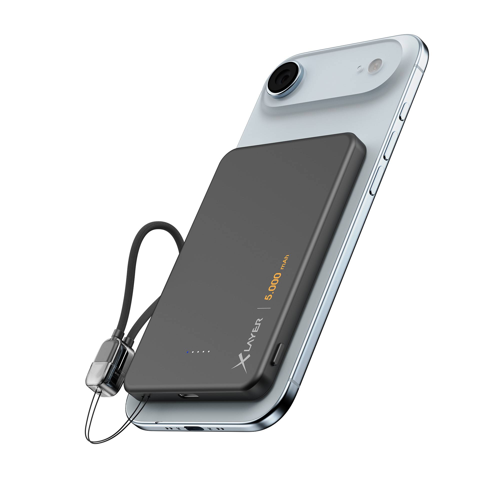 Ein schlanker schwarzer 5000mAh Powerbank mit einer angebrachten Lanyard, die ein Smartphone drahtlos von ihrer Rückseite aus lädt.