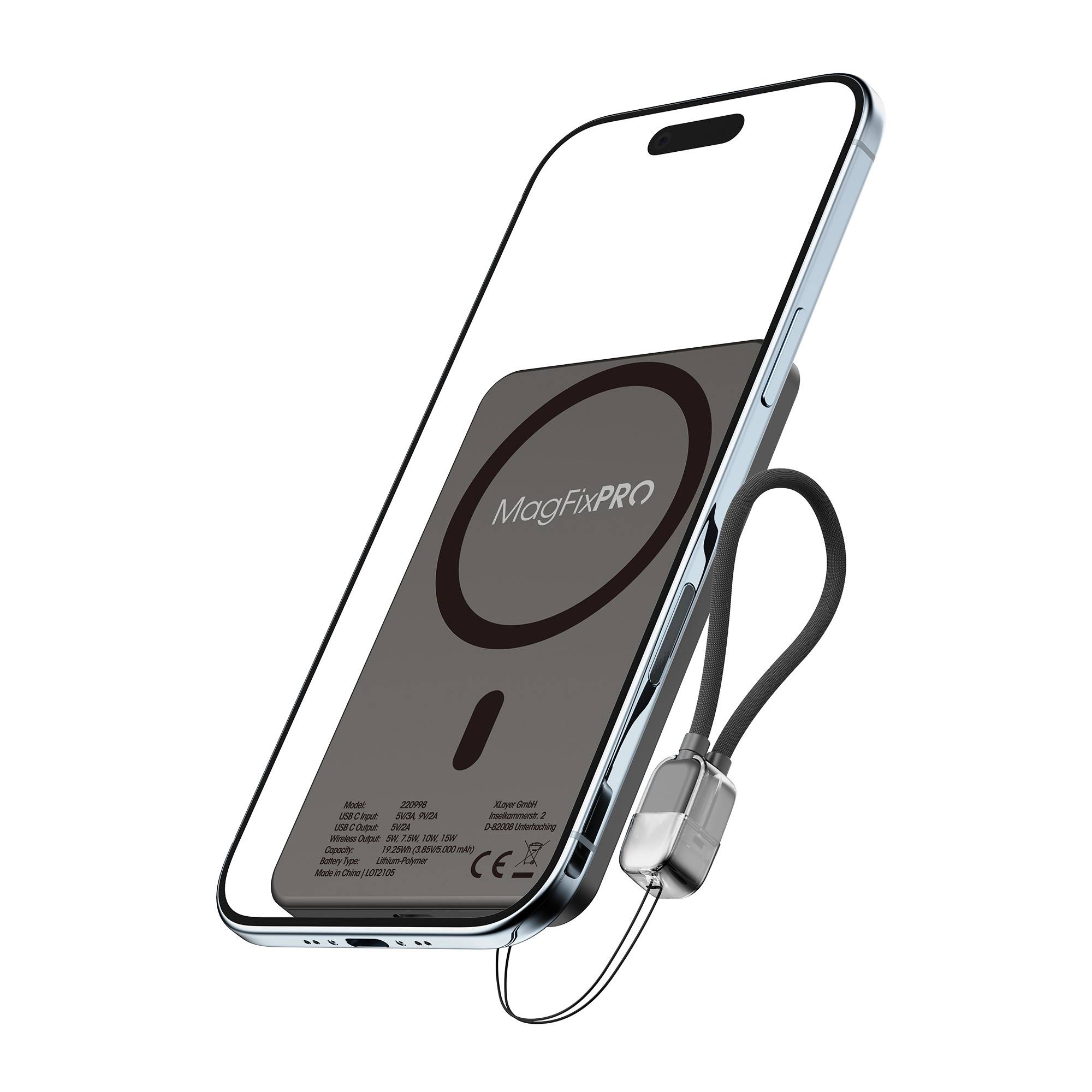 Ein Smartphone mit einem magnetischen Ladepads mit der Aufschrift 