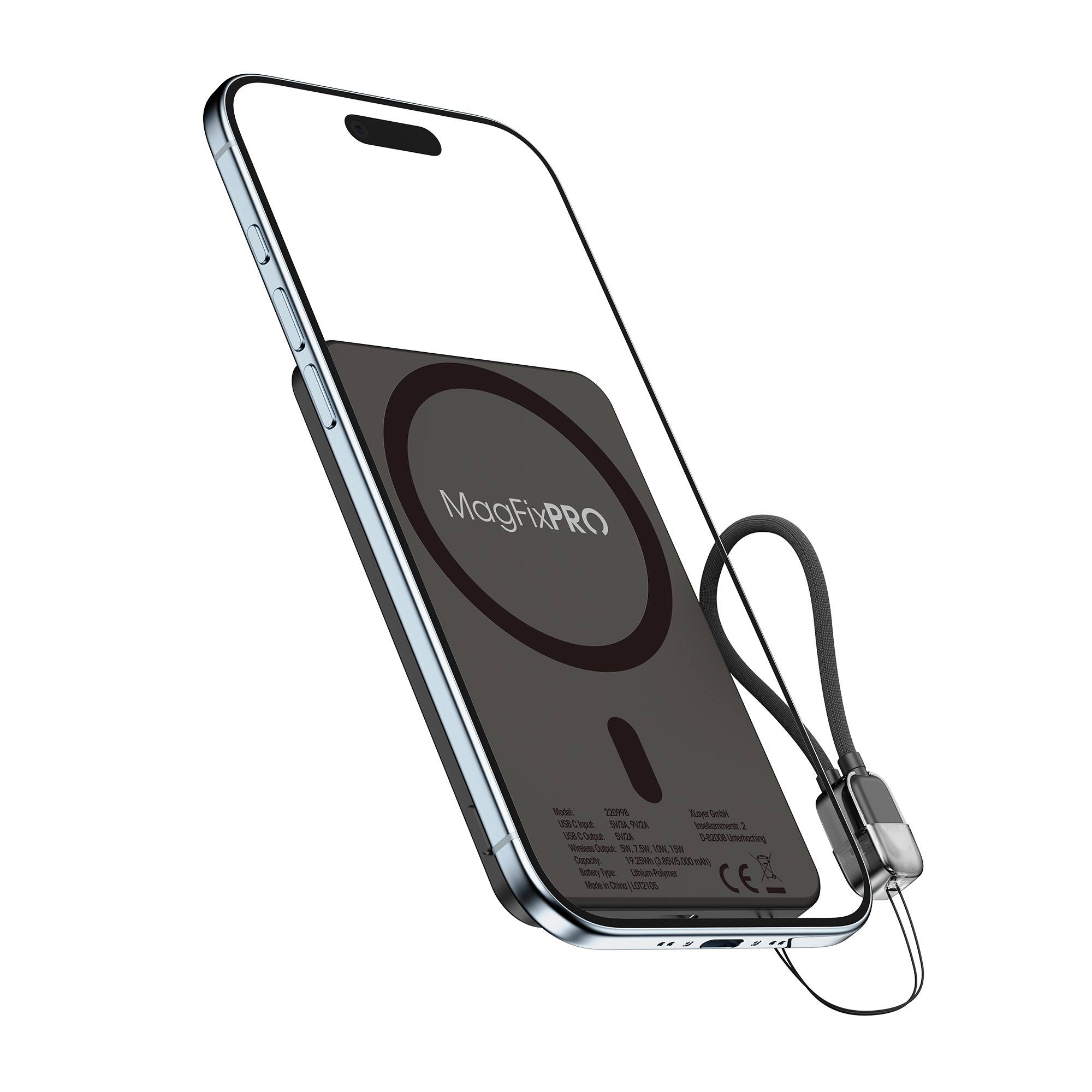 Ein Smartphone mit einem MagFix PRO Akkupack, das mit einem magnetischen Kreisdesign und einem Handgelenkriemen für bessere Tragbarkeit ausgestattet ist.