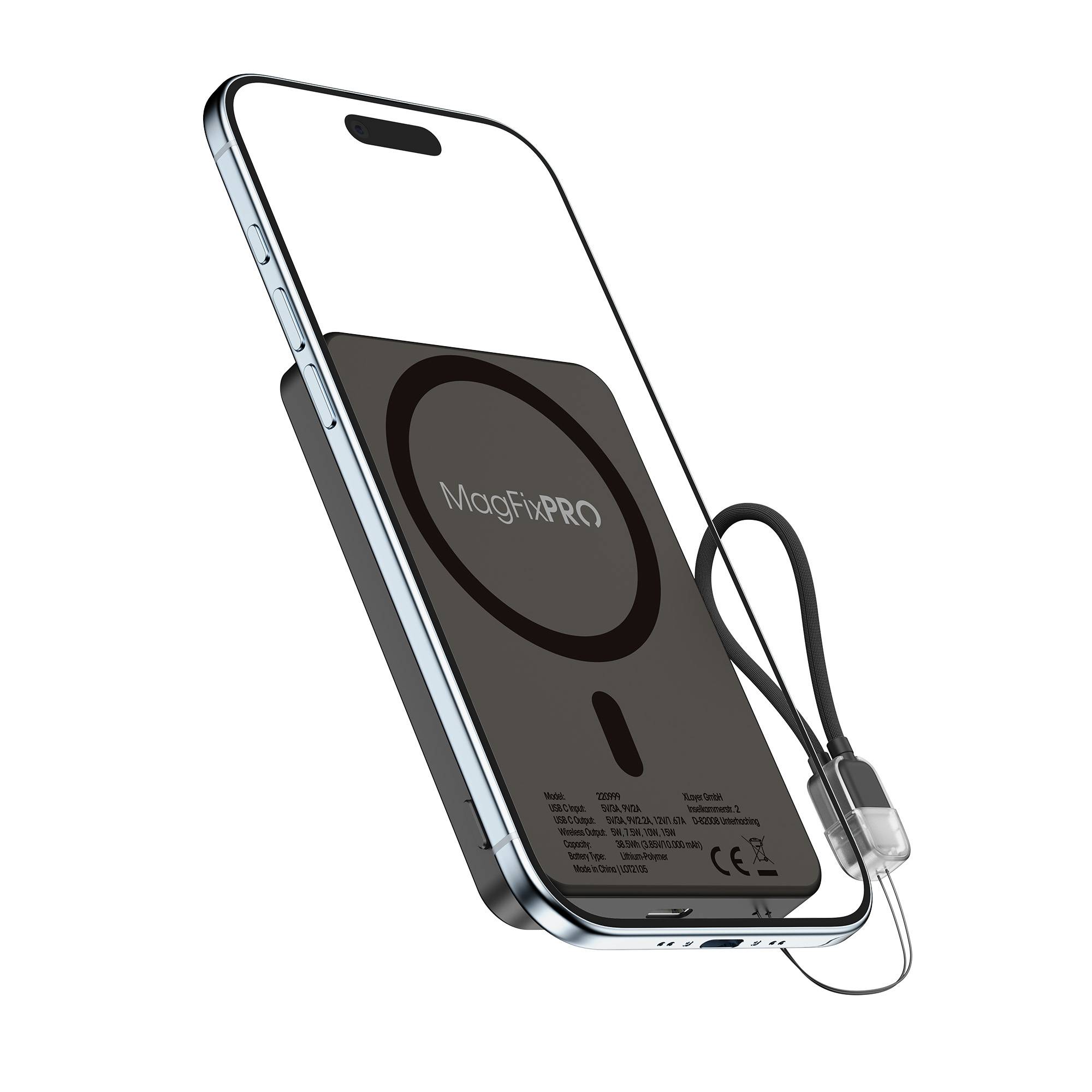 Ein schlankes Smartphone mit einem schwarzen MagFix Pro drahtlosen Ladegerät, das an seiner Rückseite befestigt ist und sich durch ein schlankes Design und ein integriertes Ladekabel auszeichnet.