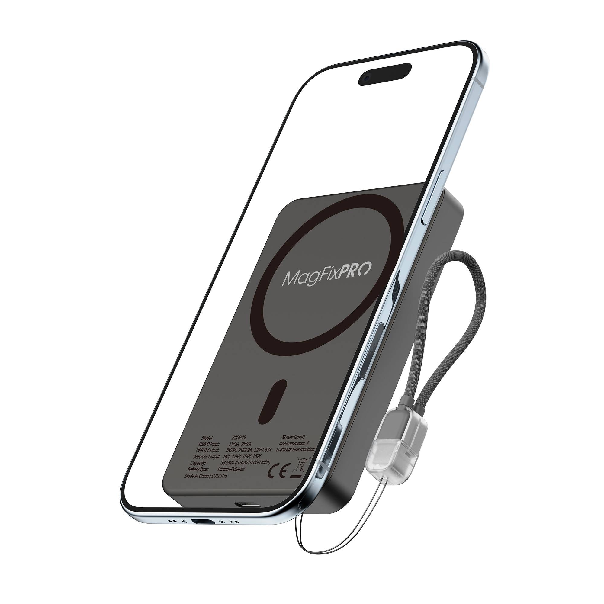 Ein Smartphone mit einem angebrachten magnetischen drahtlosen Ladegerät mit der Aufschrift 