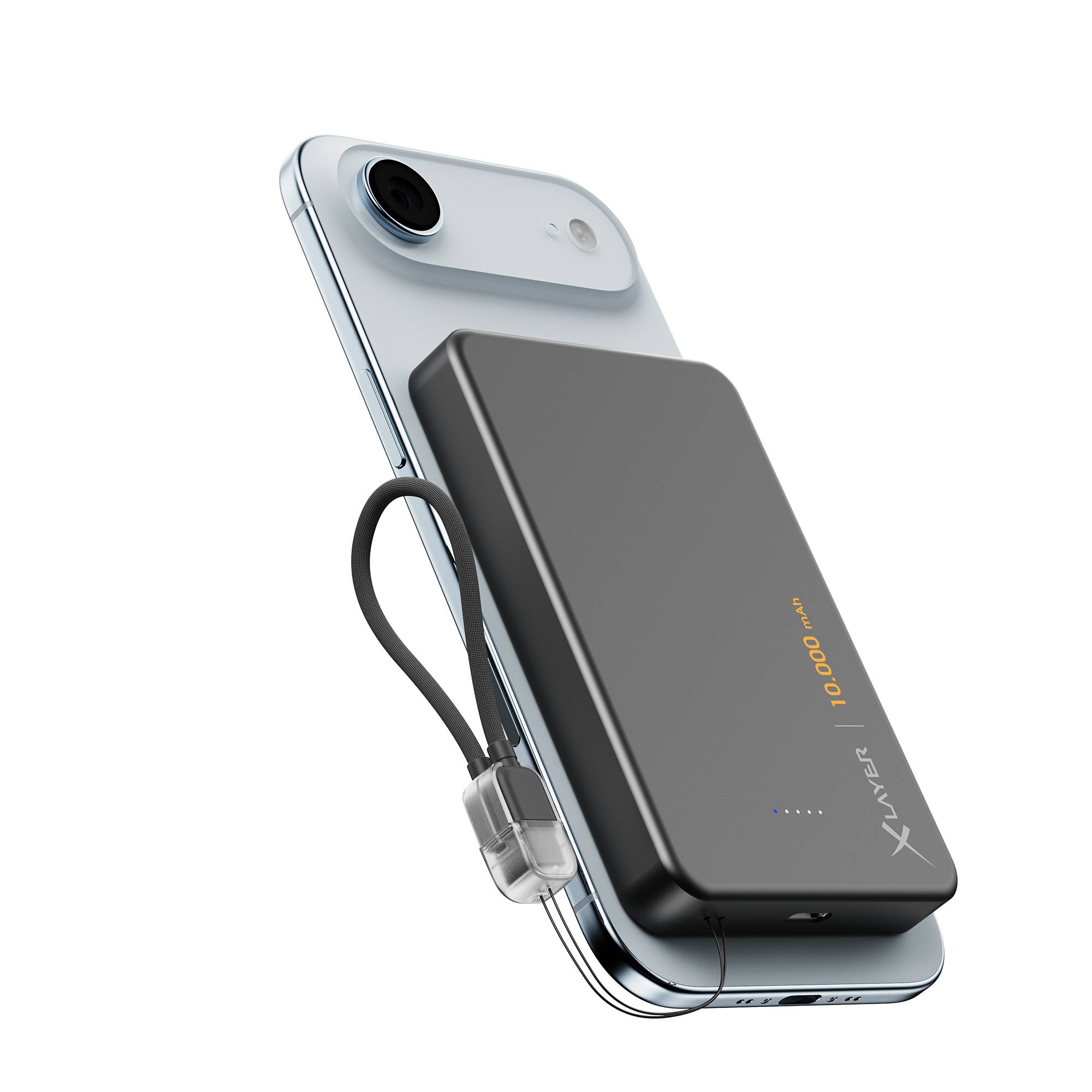 Ein Smartphone mit modernem Design ist über ein kurzes, schwarzes Kabel mit einer schlanken, schwarzen Powerbank mit der Beschriftung „10.000 mAh