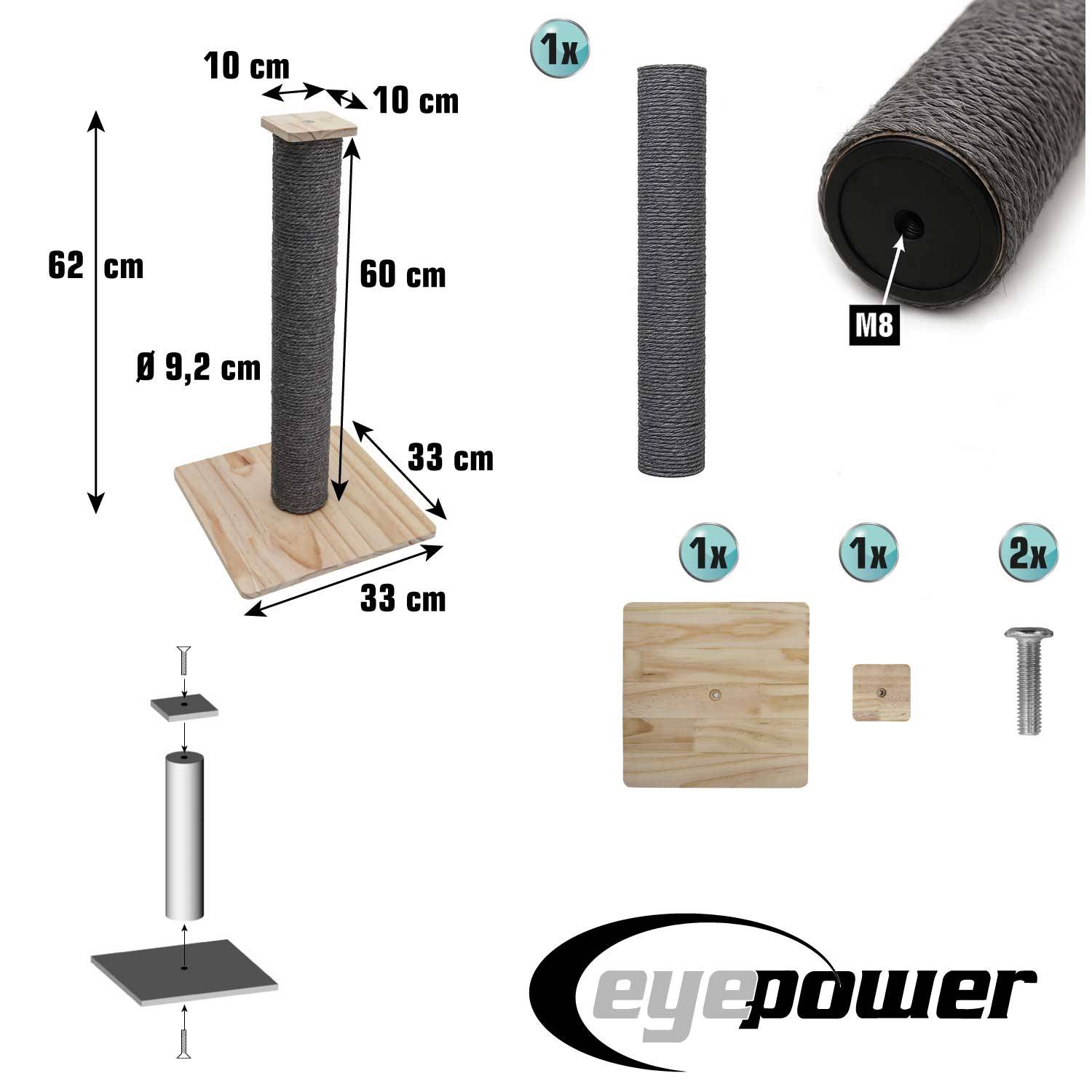 62cm Sisal Kratzsäule für Katzen mit Bambus Bodenplatte - Kratzbaum Klein Stabil