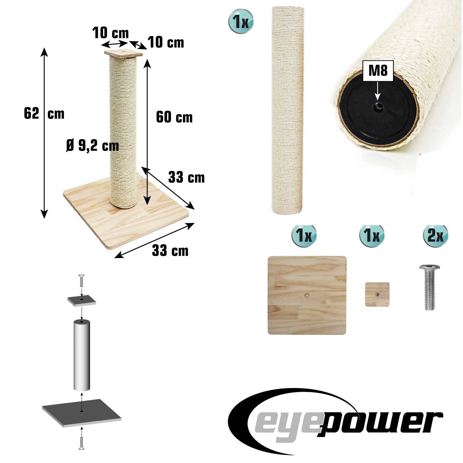 62cm Sisal Kratzsäule für Katzen mit Bambus Bodenplatte - Kratzbaum Klein Stabil