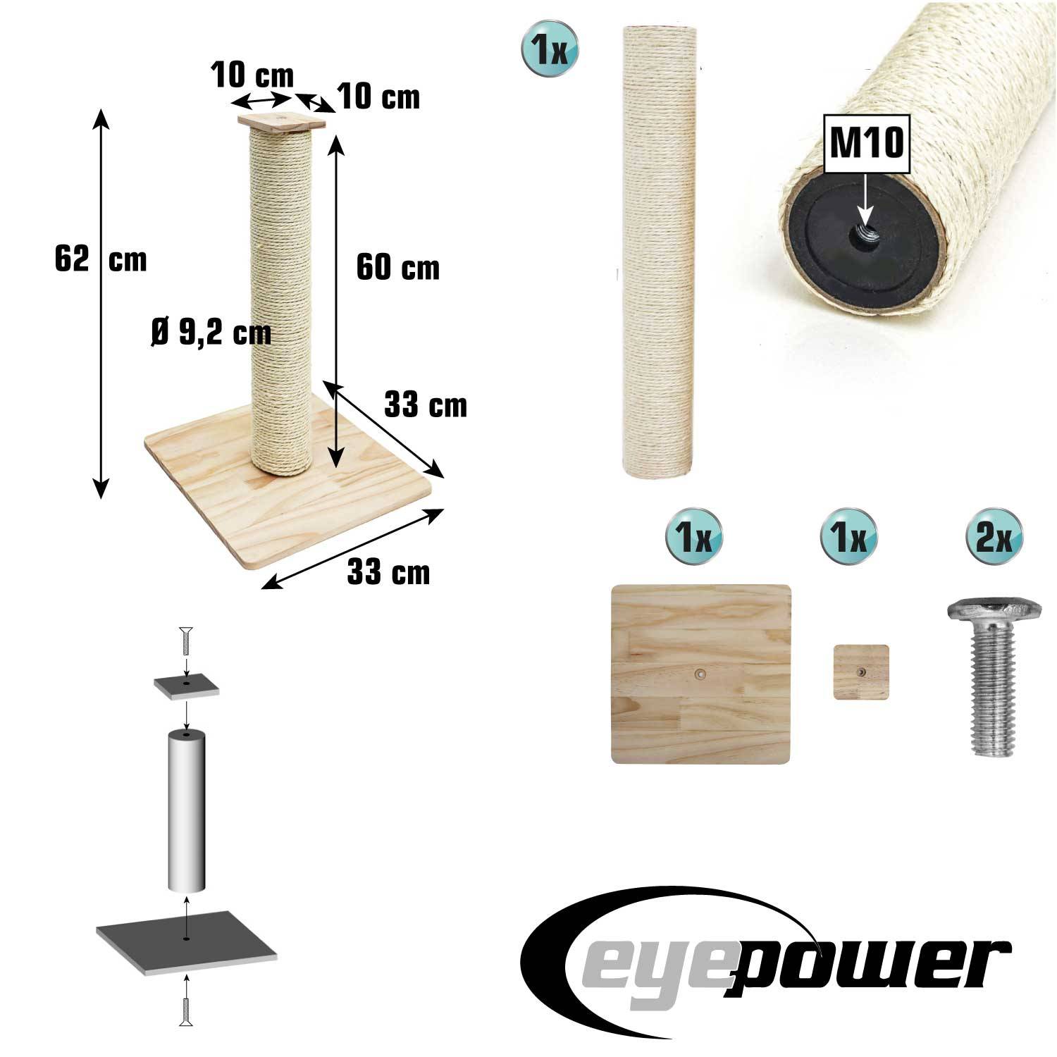 62cm Sisal Kratzsäule für Katzen mit Bambus Bodenplatte - Kratzbaum Klein Stabil