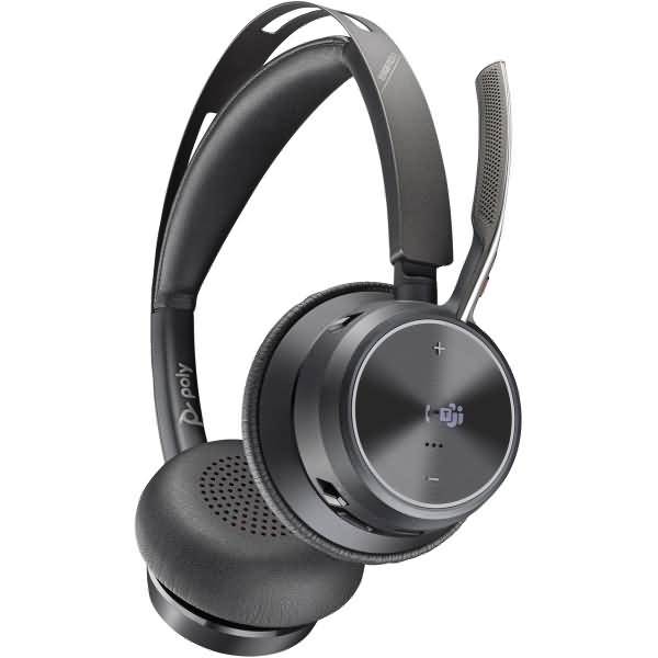 Schwarzes Over-Ear-Wireless-Headset mit Boom-Mikrofon und Bedienelemente auf dem Ohr, gezeigt auf weißem Hintergrund.