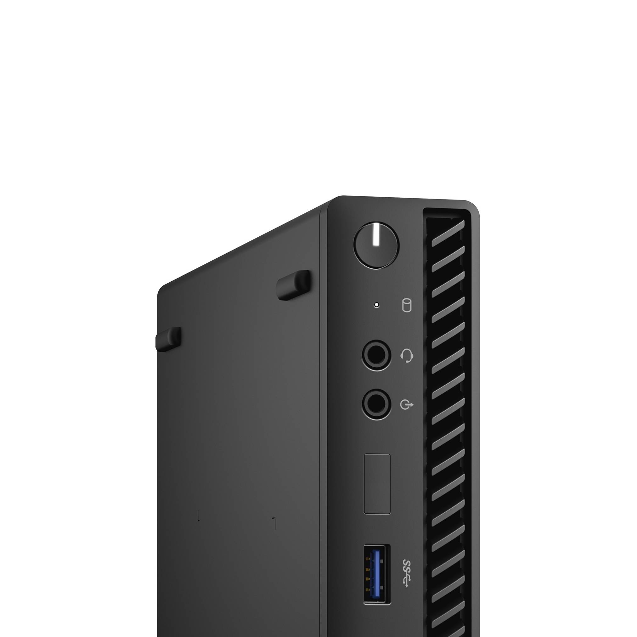 Schwarzer Mini-PC-Tower auf weißem Hintergrund, mit vorderer Stromschaltfläche, Audiobuchsen, USB-Anschluss und Belüftungsgitter.