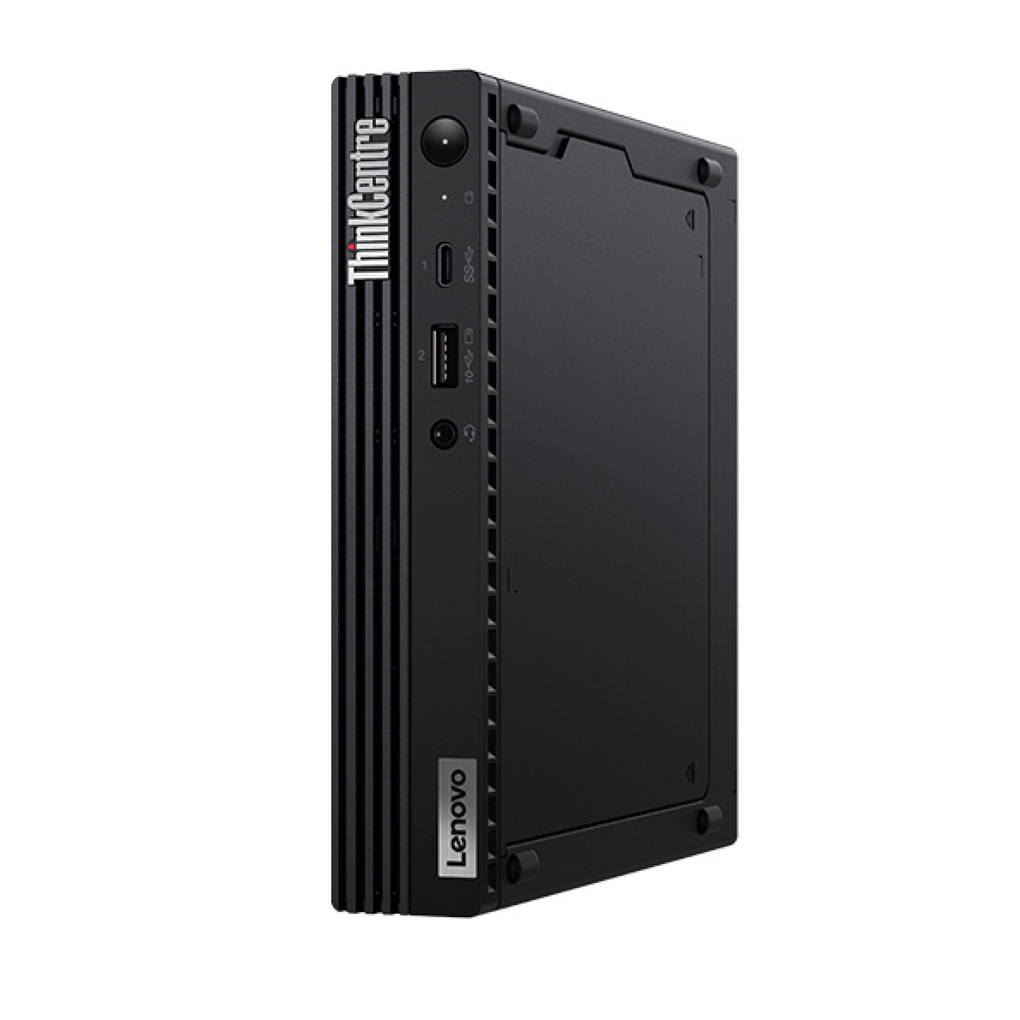 Schwarzer Lenovo ThinkCentre Mini-Desktop-Computer in Seitenansicht dargestellt, mit sichtbaren USB- und Audioanschlüssen an der Vorderseite.