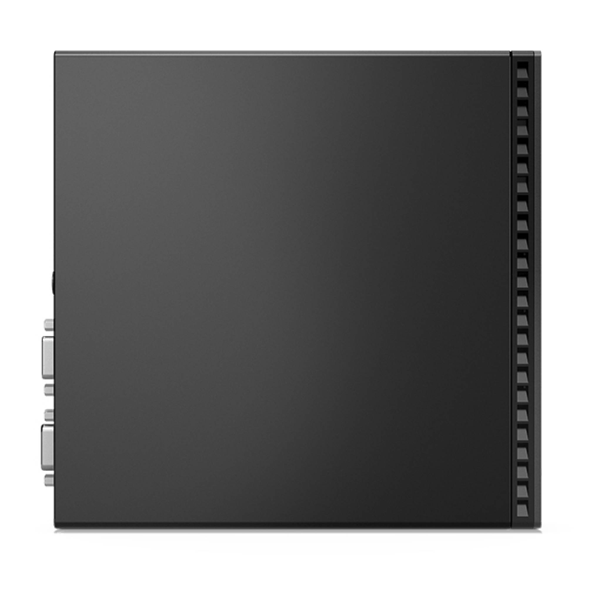 Schwarzes rechteckiges elektronisches Gerät, frontal dargestellt, mit Seitenports auf der linken Seite und Lüftungsgitter auf der rechten Seite.