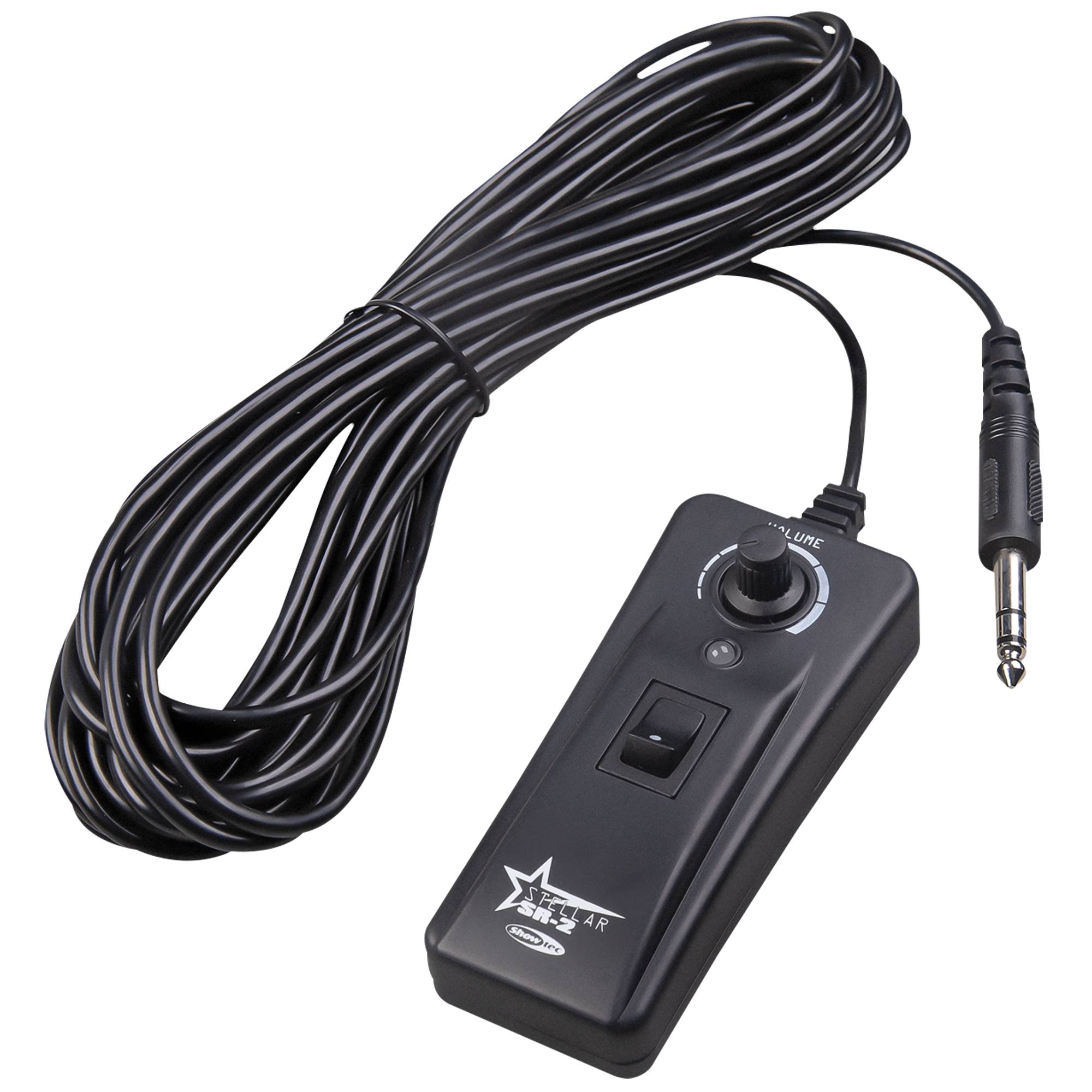 Eine Fernbedienungsschalter mit einem langen Kabel und einem 3,5-mm-Klinkenstecker, ausgestattet mit einem Schieberegler und einem Drehknopf, zum Steuern eines Geräts.