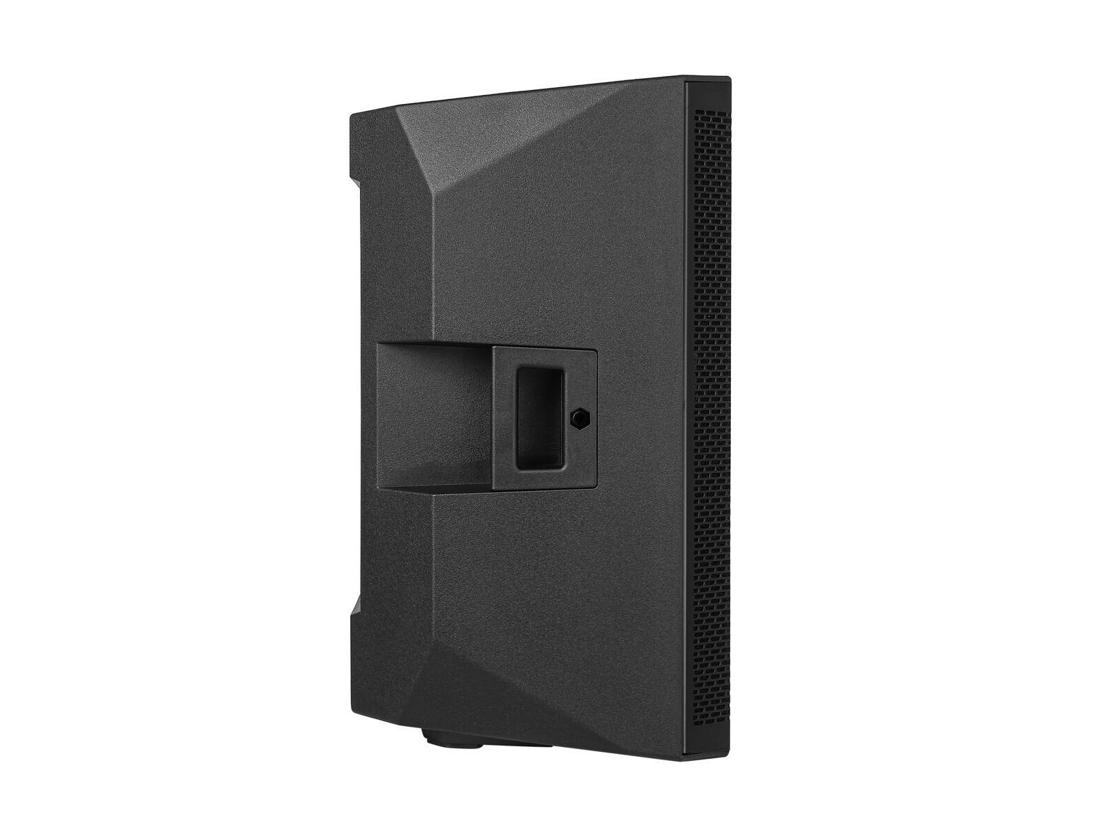 Die Seitenansicht eines schwarzen Lautsprechers mit geometrischem, eckigem Design und einer eingelassenen Griffmulde in der Mitte für einfache Transportierbarkeit.