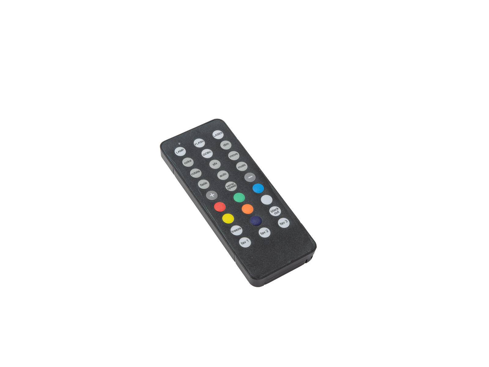 Eine schwarze Fernbedienung mit mehreren Reihen bunter Tasten, wahrscheinlich zur Steuerung elektronischer Geräte.
