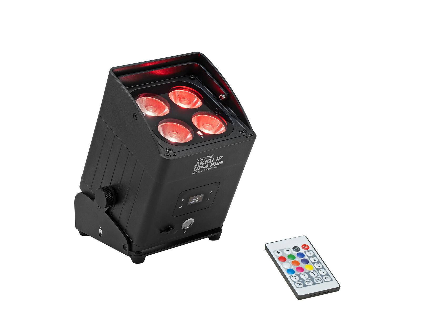 Schwarze LED-Leuchte mit einem roten Schimmer, zusammen mit einer Fernbedienung, die bunte Tasten für verschiedene Lichtsteuerungen aufweist.