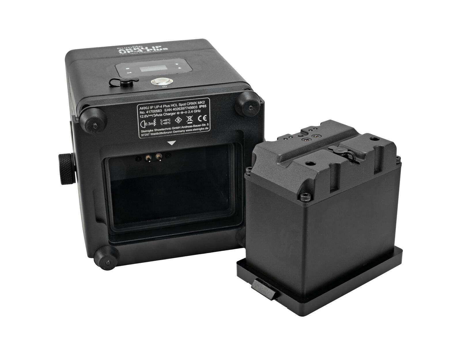 Ein schwarzes elektronisches Gerät mit einem abnehmbaren Batteriefach, das daneben dargestellt ist, möglicherweise Teil einer speziellen Ausrüstungsanordnung.