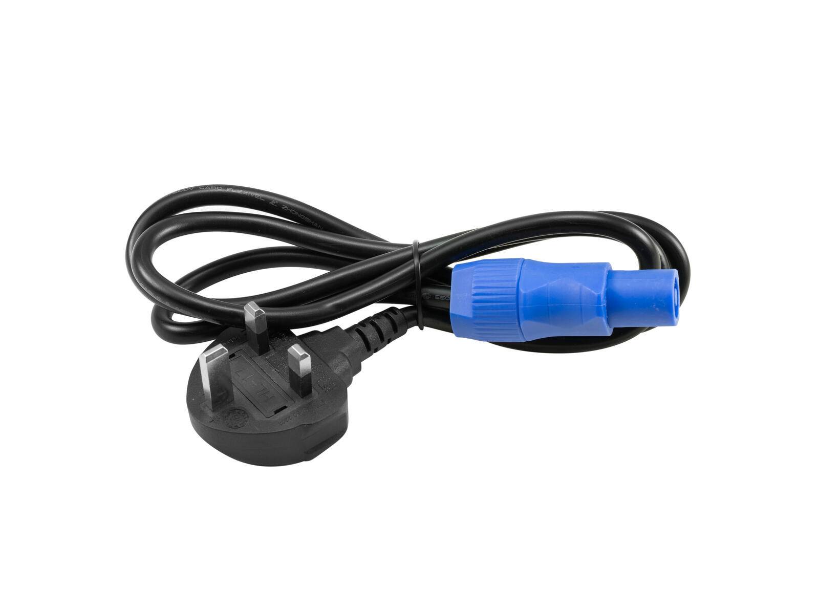 Ein schwarzes Elektrokabel mit einem dreipinnigen UK-Stecker an einem Ende und einem blauen Anschluss am anderen Ende, ordentlich aufgerollt.
