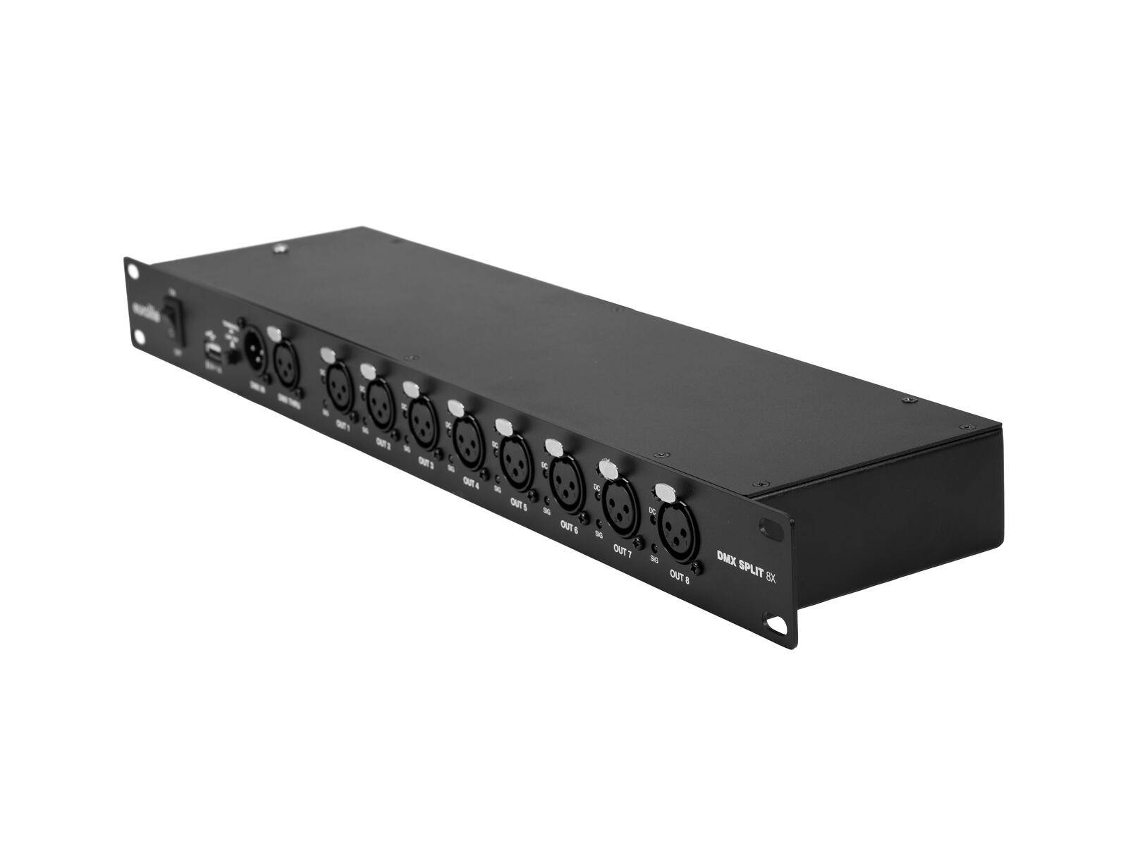 DMX Split 6X' Gerät mit mehreren DMX-Ausgabeports, verwendet zur Verteilung von DMX-Signalen in Beleuchtungsanlagen.