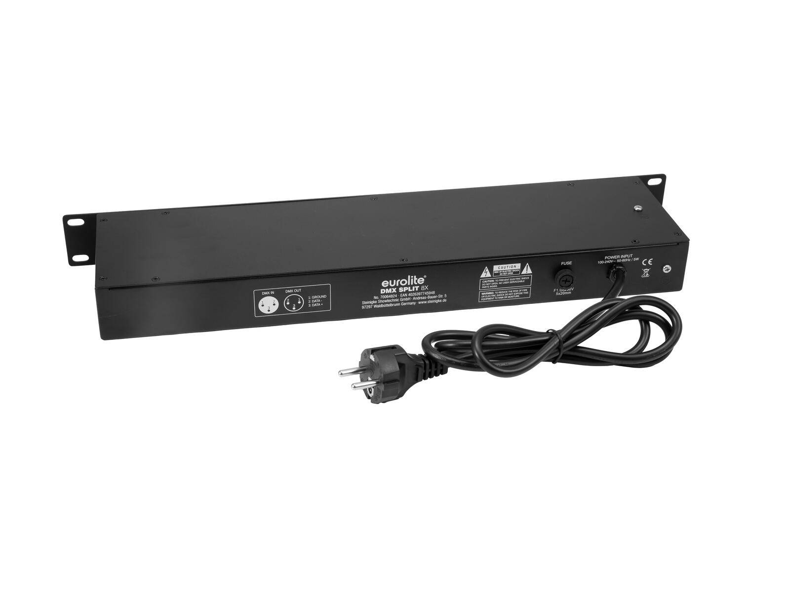 Ein schwarzes Eurolite DMX Split RDM-Gerät mit mehreren Ausgangsanschlüssen und angeschlossenem Netzkabel, entwickelt zur Steuerung von Beleuchtungssystemen.