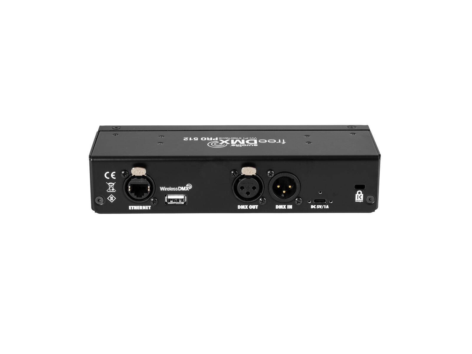 TrioDMX Pro G1S drahtloser DMX-Controller mit Ethernet-, USB-, DMX OUT-, DMX IN- und DC 5V/1A-Anschlüssen auf einem schwarzen rechteckigen Gerät.