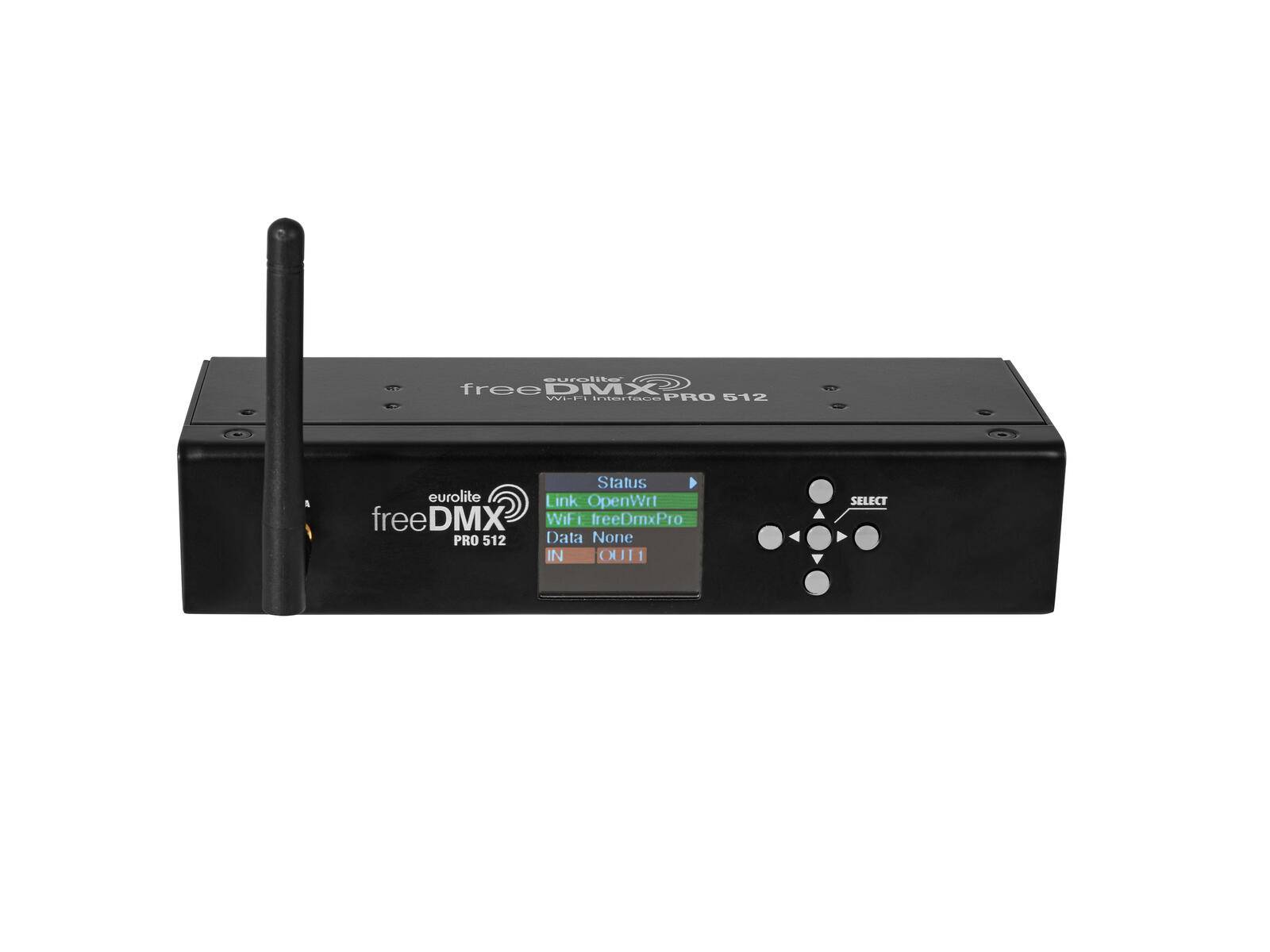 Eurolite freeDMX AP WiFi Pro 512' Gerät mit Antenne, Display zeigt Status. Schwarzer rechteckiger Kasten mit Tasten und Anschlüssen.
