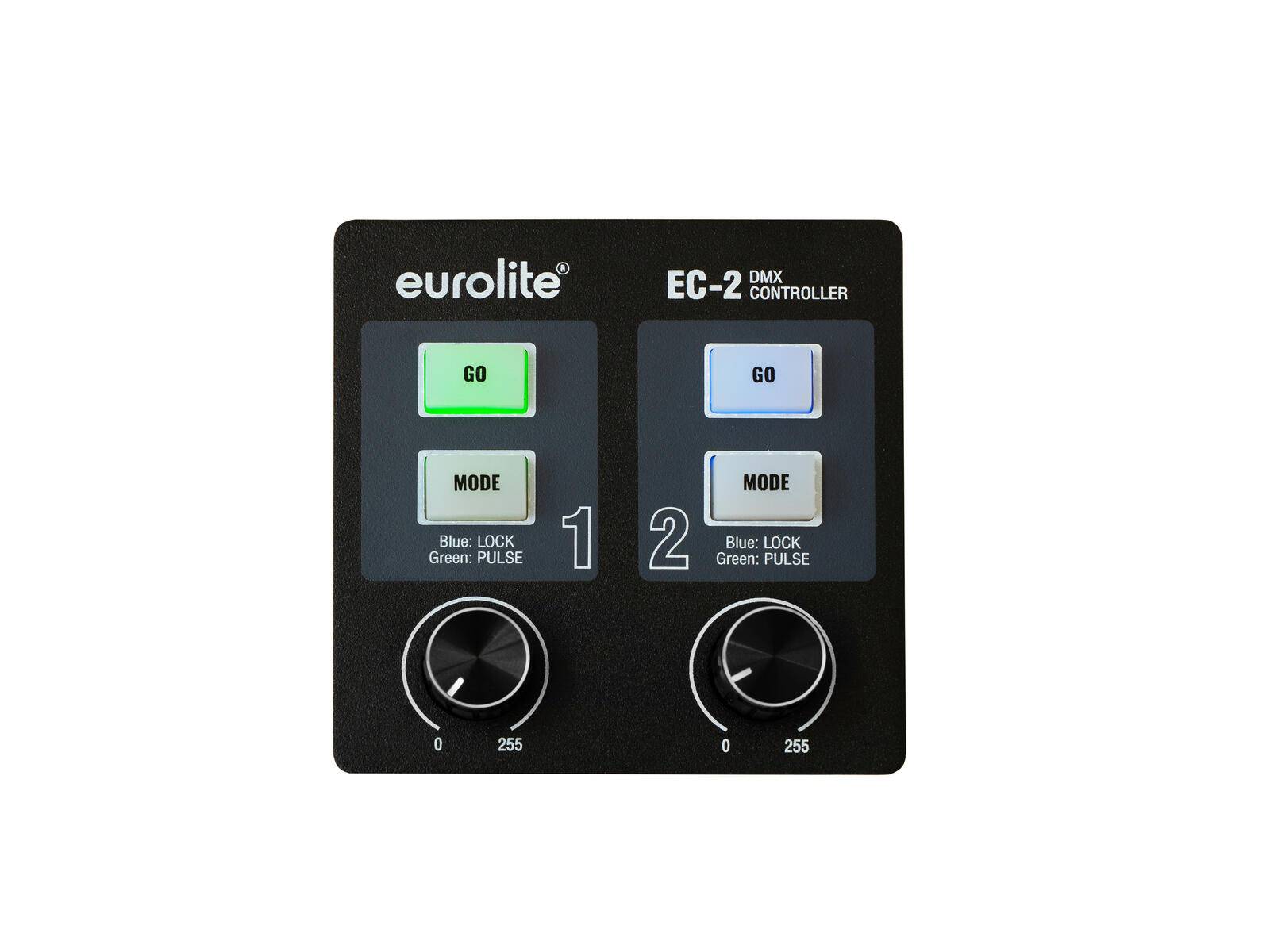 Eurolite EC-2 DMX-Controller' mit zwei Tastengruppen, die mit 'GO' und 'MODE' für Kanäle 1 und 2 beschriftet sind, mit Bedienknöpfen darunter.