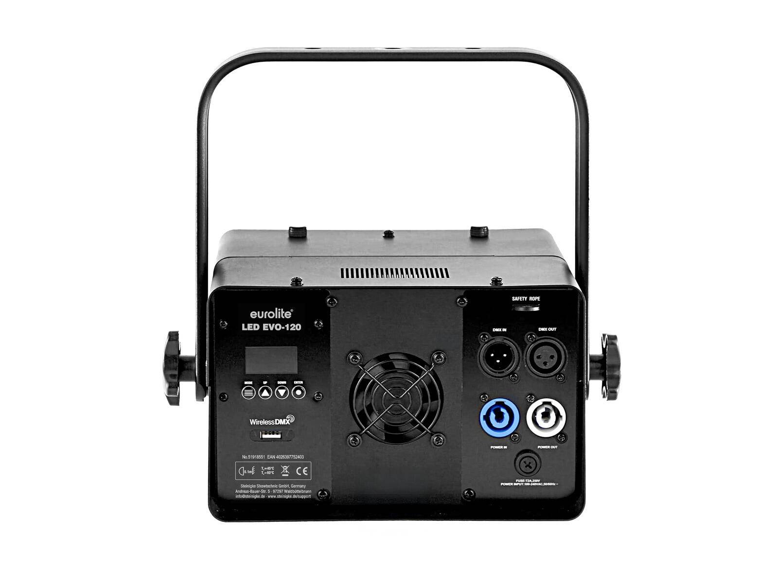 Eurolite LED EVO-120' schwarzer Bühnenscheinwerfer Rückansicht, zeigt Bedienfeld, Anschlüsse und Kühlventilator.
