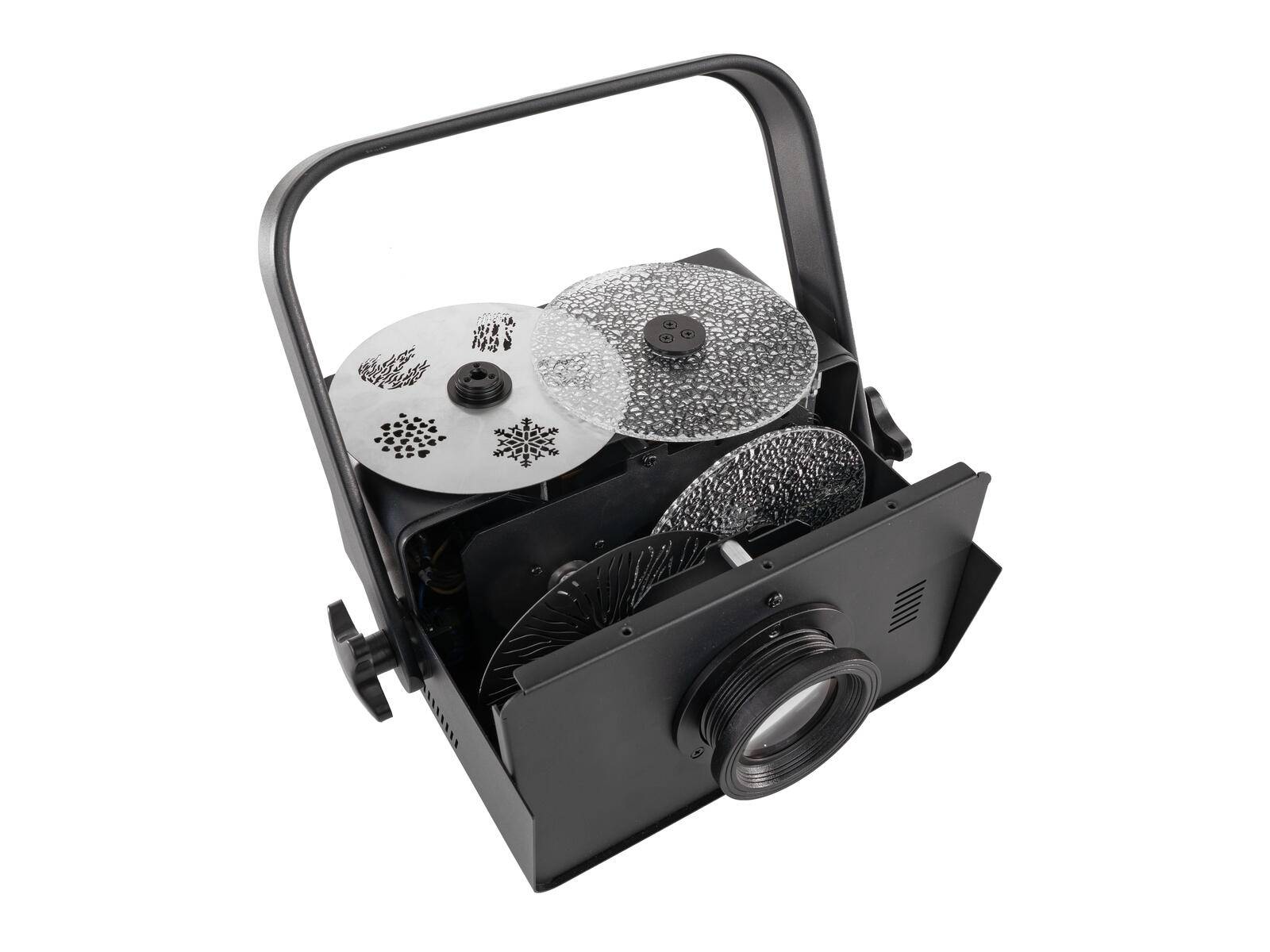 Ein schwarzes Bühnenlicht mit austauschbaren Strukturscheiben zur Erzeugung verschiedener Beleuchtungseffekte.