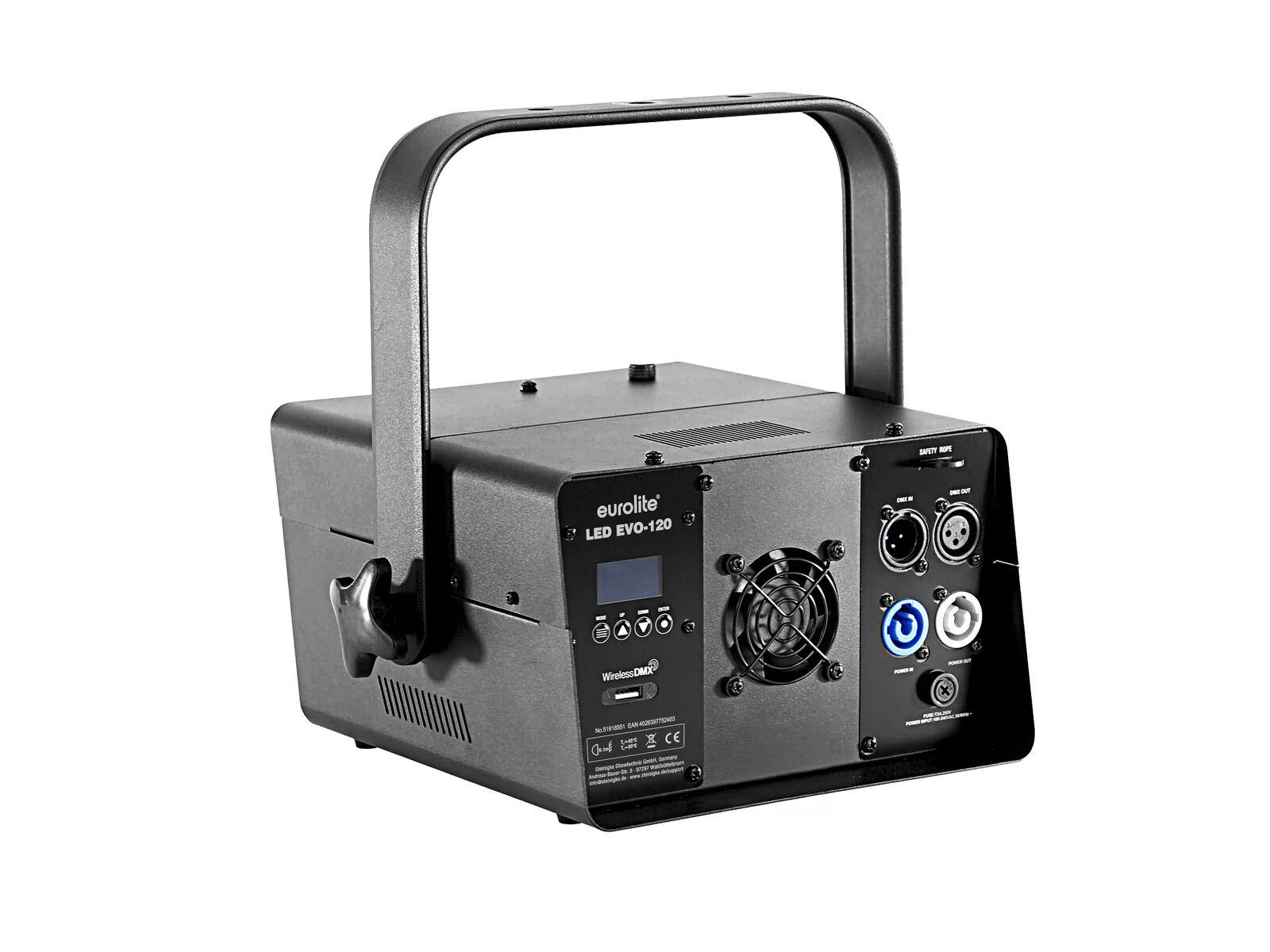 Eurolite LED EVO-120' Bühnenscheinwerfer mit Bedienfeld, Lüfter und Kabelanschlüssen, entwickelt für professionelle Beleuchtungsanlagen.