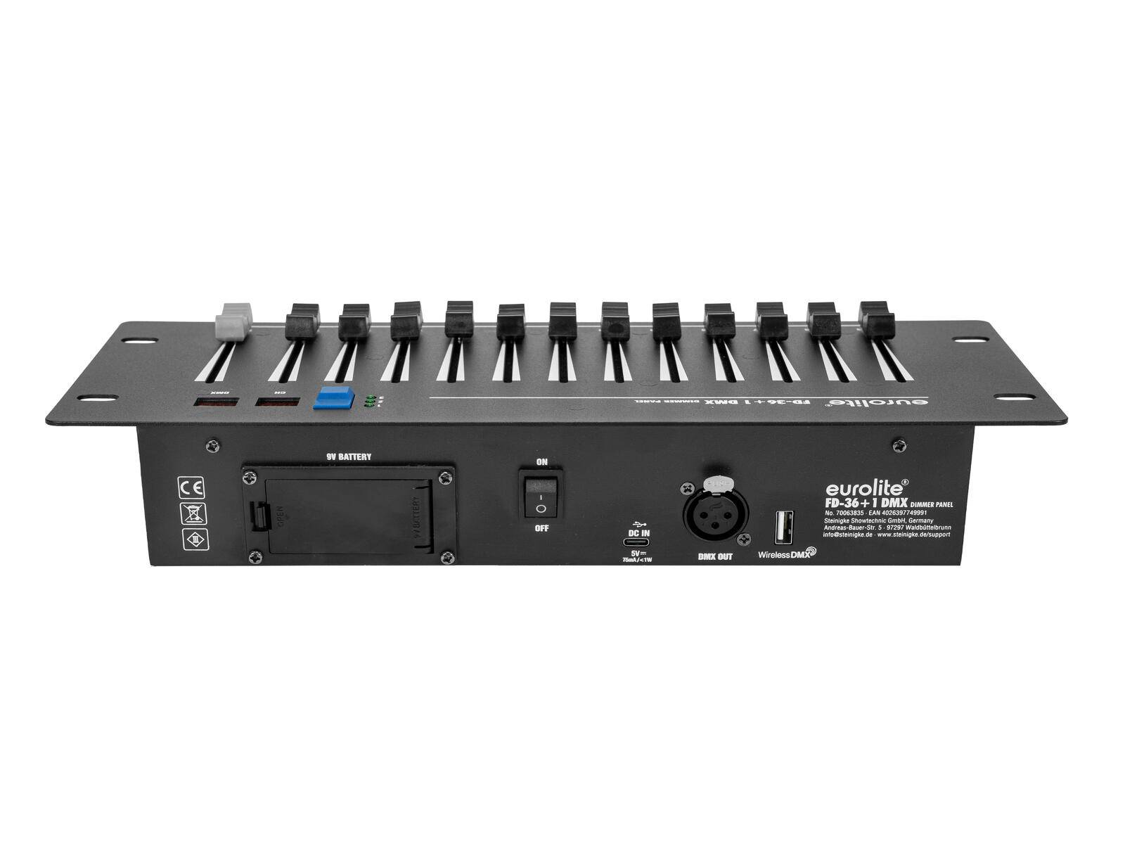 Eurolite PB-3-1A DMX' Powerbank mit Steuerungsschiebereglern und Anschlussports, einschließlich Ein/Aus-Schalter und verschiedenen Ausgabeoptionen.