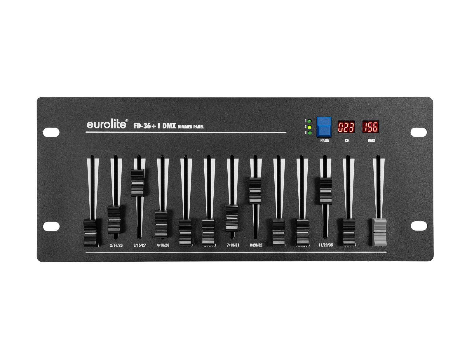 Eurolite FD-36+1 DMX Dimmer-Panel mit mehreren Kontrollschiebereglern, nummeriert, und einer digitalen Anzeige, die '023' und '156' zeigt.