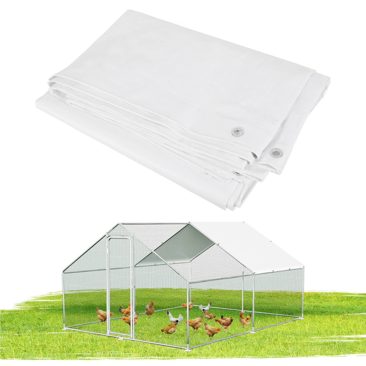 Eine gefaltete, weiße wasserdichte Plane mit Ösen neben einem eingezäunten Freigehege für Hühner mit einer Planen-Dachbedeckung. Hühner laufen drinnen auf grünem Gras.