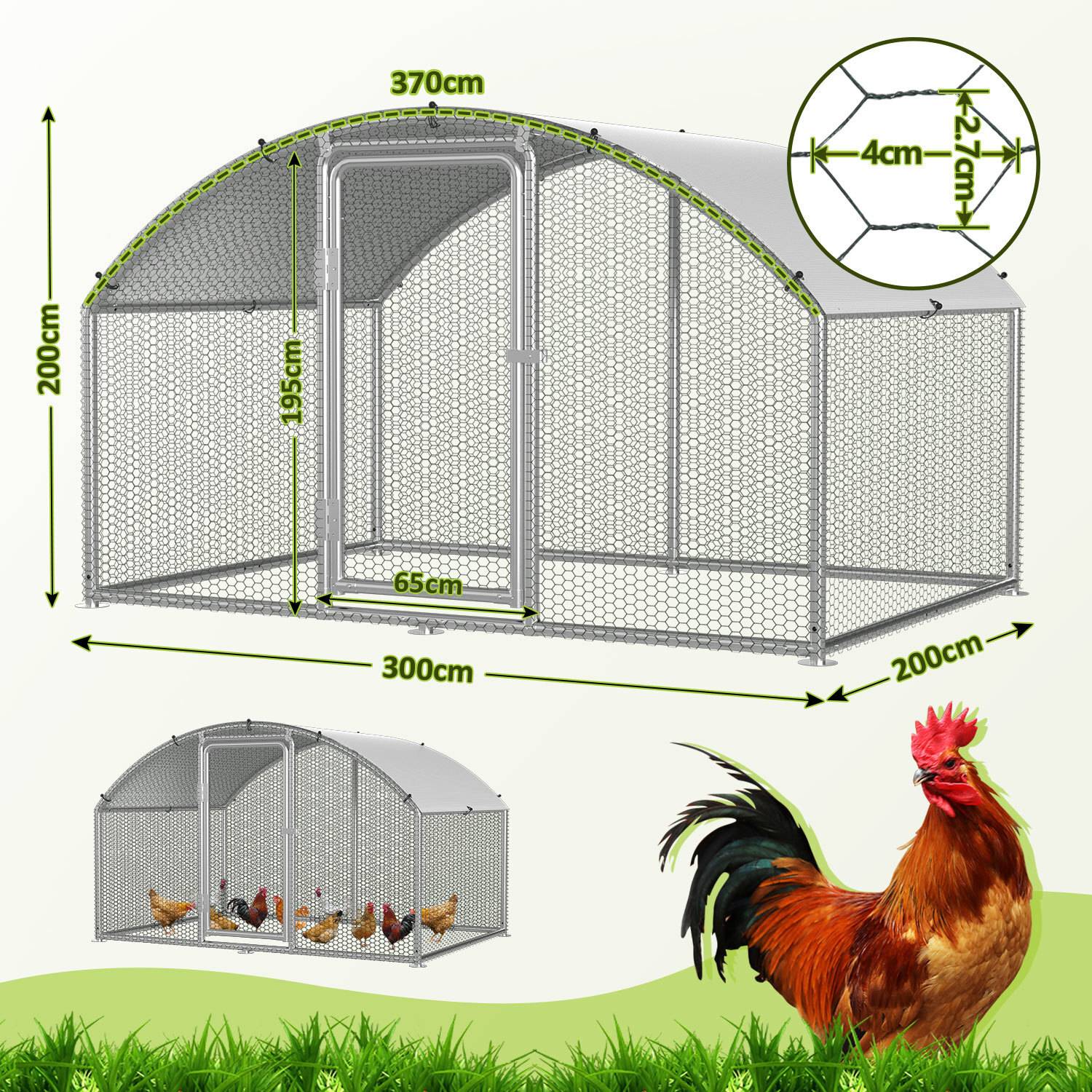 Großer Metallhühnerstall Abmessungen: 370 cm Länge, 200 cm Breite, 200 cm Höhe, mit Tür und Belüftungsmerkmalen.