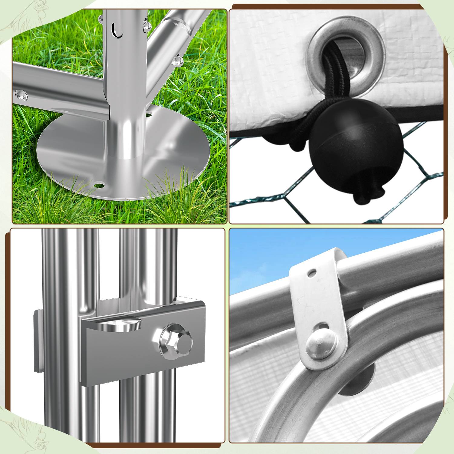 Vier Bilder, die einen Metallzaun zeigen: Basis im Gras verankert, Spannungssystem, Halterung mit Schraube und Schlaufenbefestigung am Metallrahmen.