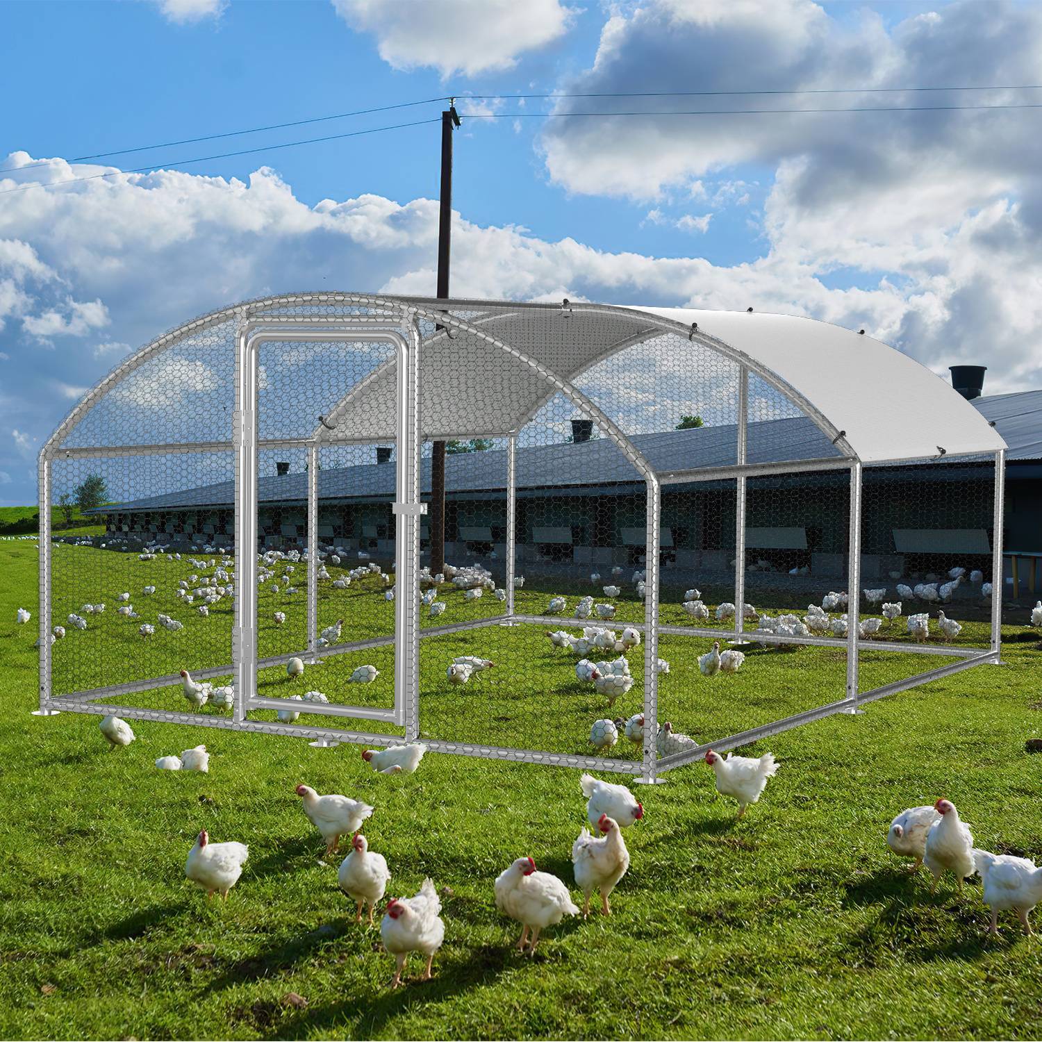 Ein großer, aus Drahtgeflecht gefertigter Hühnerstall auf Gras, in dem Hühner frei umherlaufen, unter einem teilweise bewölkten Himmel. Eine Scheune ist im Hintergrund zu sehen.